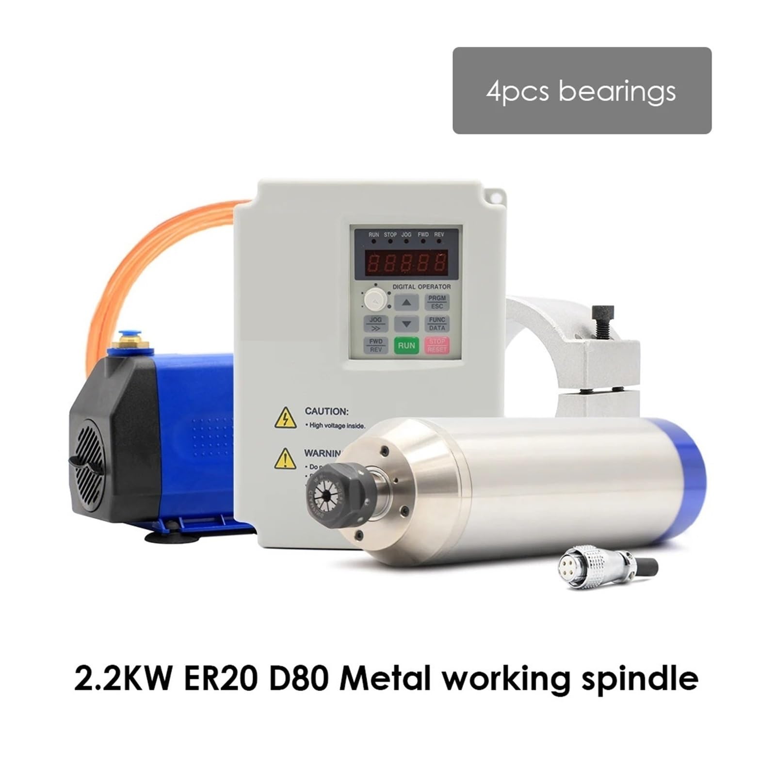 KACOME 2.2KW Metal Spindle Motor Water Cooled Ceramic Bearings 2/4pole for Steel and 2.2KW BD612 Motor Speed Controller(800Hz-24000rpm,220v Quick)