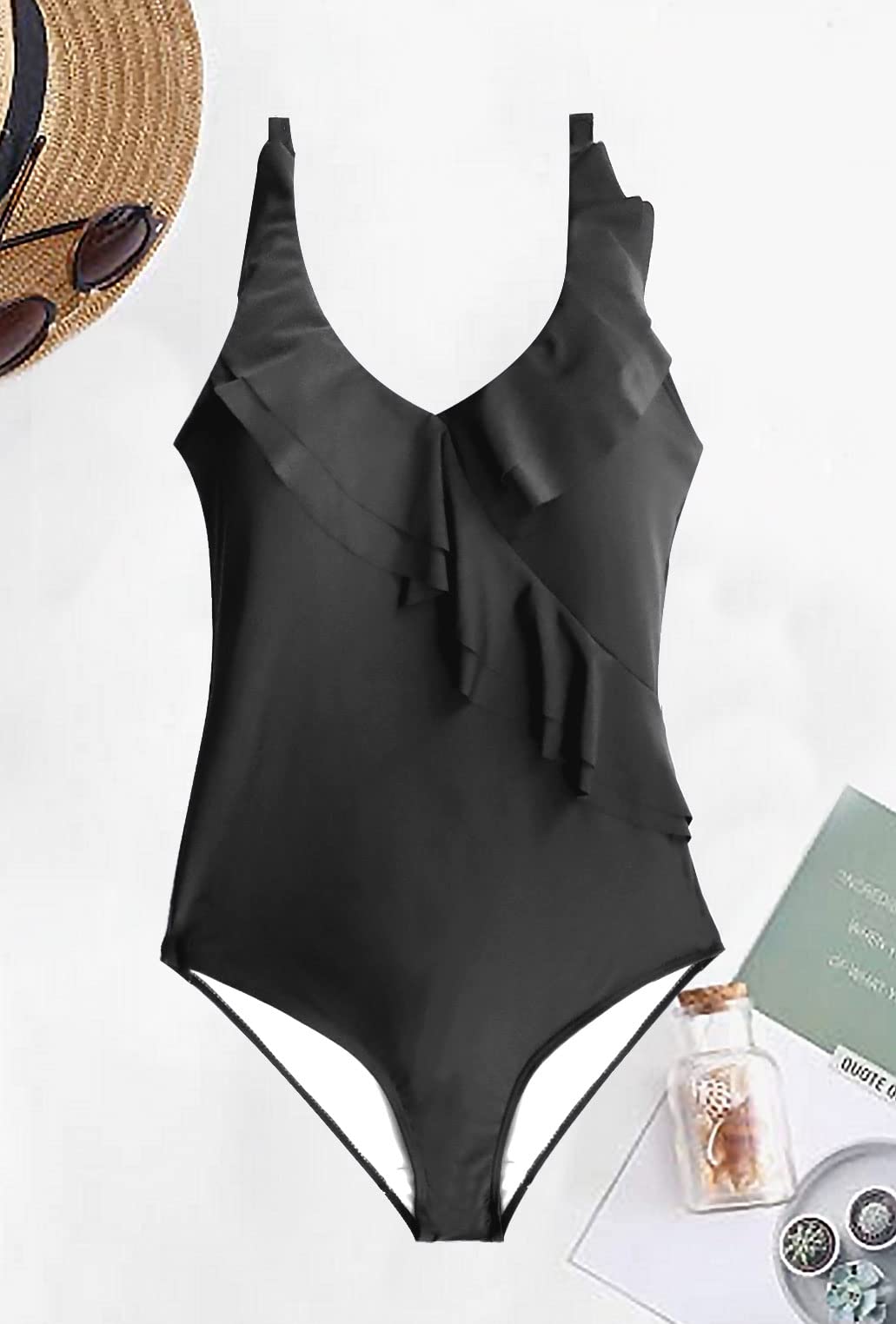 JFAN Costume da Bagno Intero Donna con Scollo A V Volant Stampa A Foglie Costumi da Mare Controllo della Pancia Un Pezzo