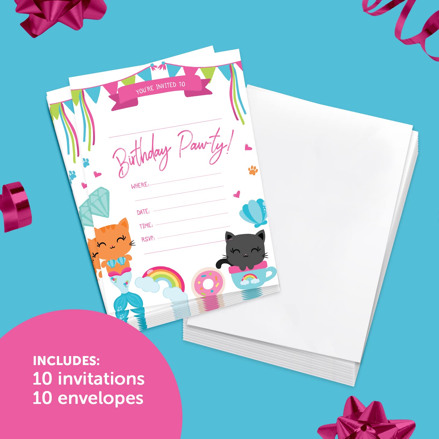 Desert Cactus Cat Kitten Kitty Happy Birthday Invitations Invite Cards (10 Count) With Envelopes Style 2 Boys Girls Kids Party (10ct)