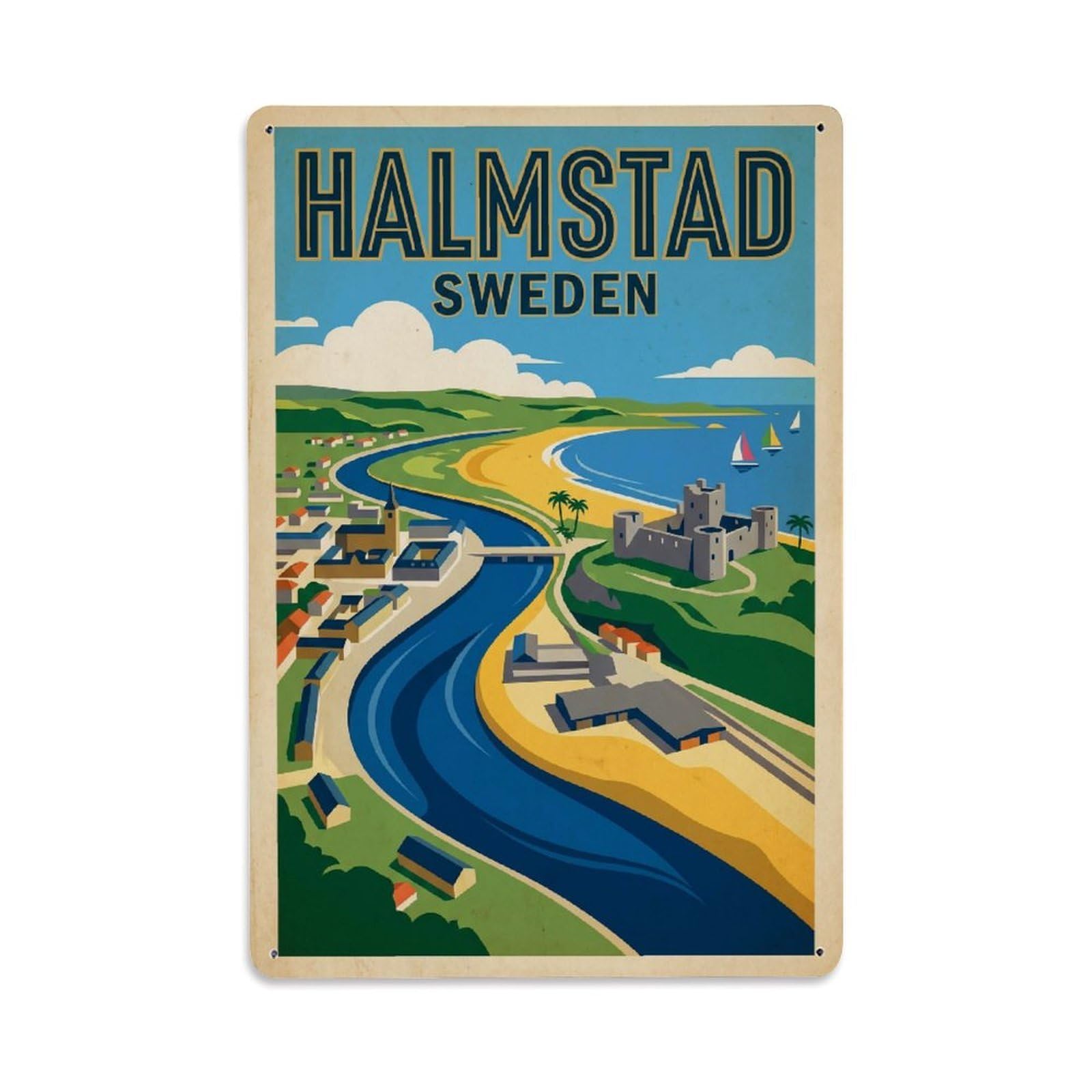 Metal Tin Sign Sweden Halmstad Travel Retro