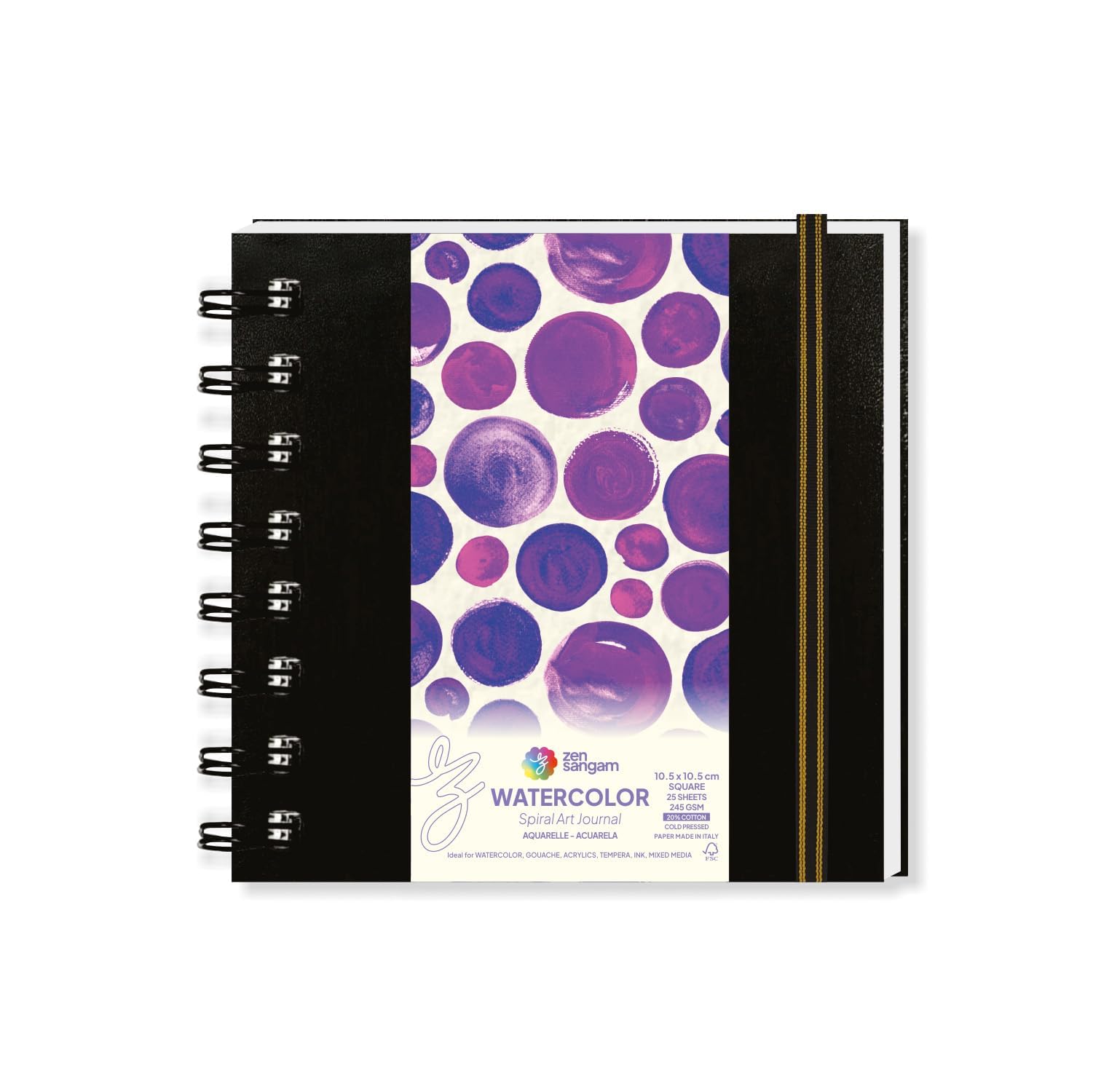 Zen Sangam Express your Mind Square 10.5x10.5cm Spiral Watercolor Journal | 245 GSM 20% Cotton Cold Pressed | 25 Sheets, 50 Pages| Durable Sketchbook for Artists & Professionals | Acid-Free | Black