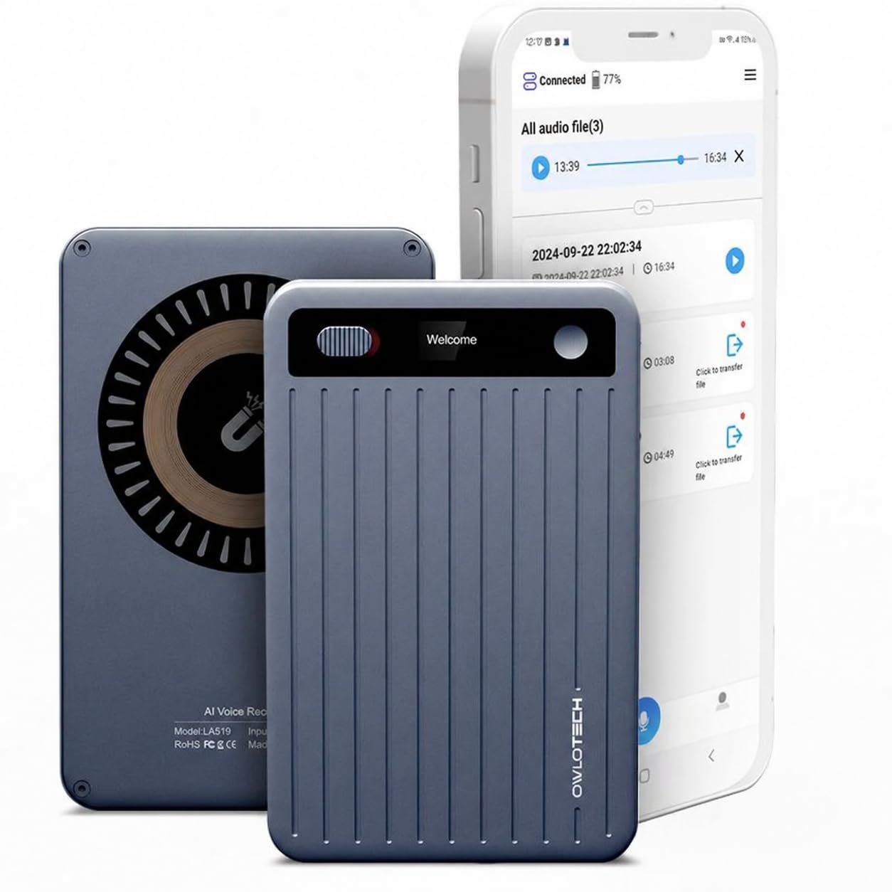 Magnus Grabadora IA 64GB, Transcripción y Resumen Automático, Traducción, Mapas Mentales, Grabadora de Voz Digital con App, 85h Autonomía, Bluetooth