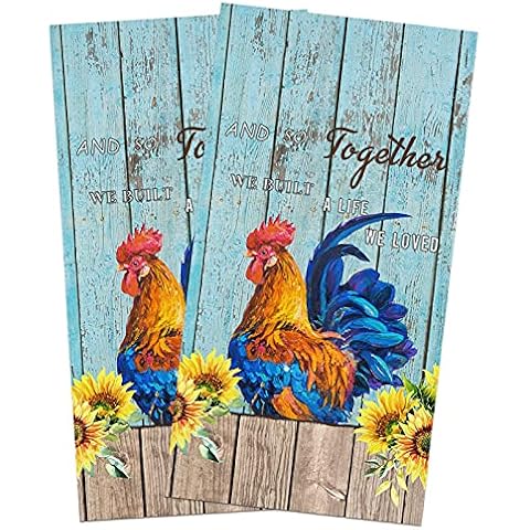 WARM TOUR Kitchen Towel Dish Towels Farm Rooster Sunflower Checker,Soft Absorbent Dish Cloth Quick Drying Cleaning Cloth Watercolor Chicken Floral,Durable Dish Cloths Hand Towel 2 Pack Cover