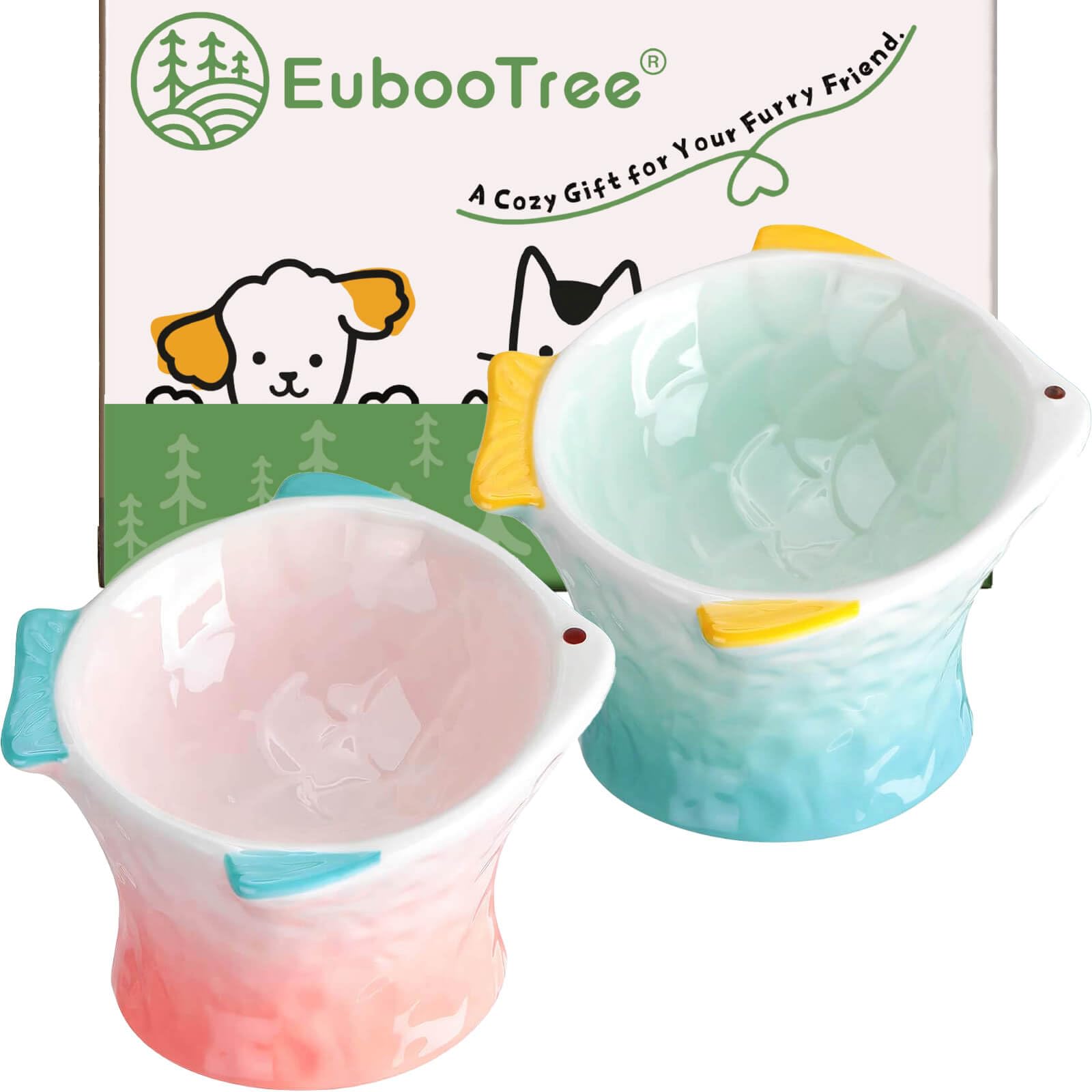 EubooTree Ceramic Raised Cat Food Bowl, Shallow & Tilted, Anti Vomiting and Whisker Fatigue, Non-Slip, Cute Fish Shape Cat Feeding Bowls for Dry and