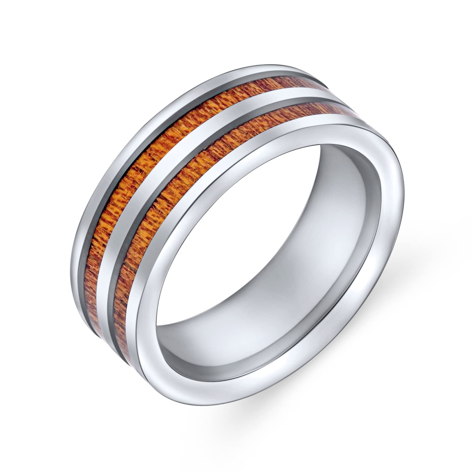 Bling JewelryPersonalized Double Row Wide Stripe Natural Brown Koa Wood Inlay Titanium Wedding Band Rings for Men for Women Silver Tone Comfort Fit 8MM Customizable