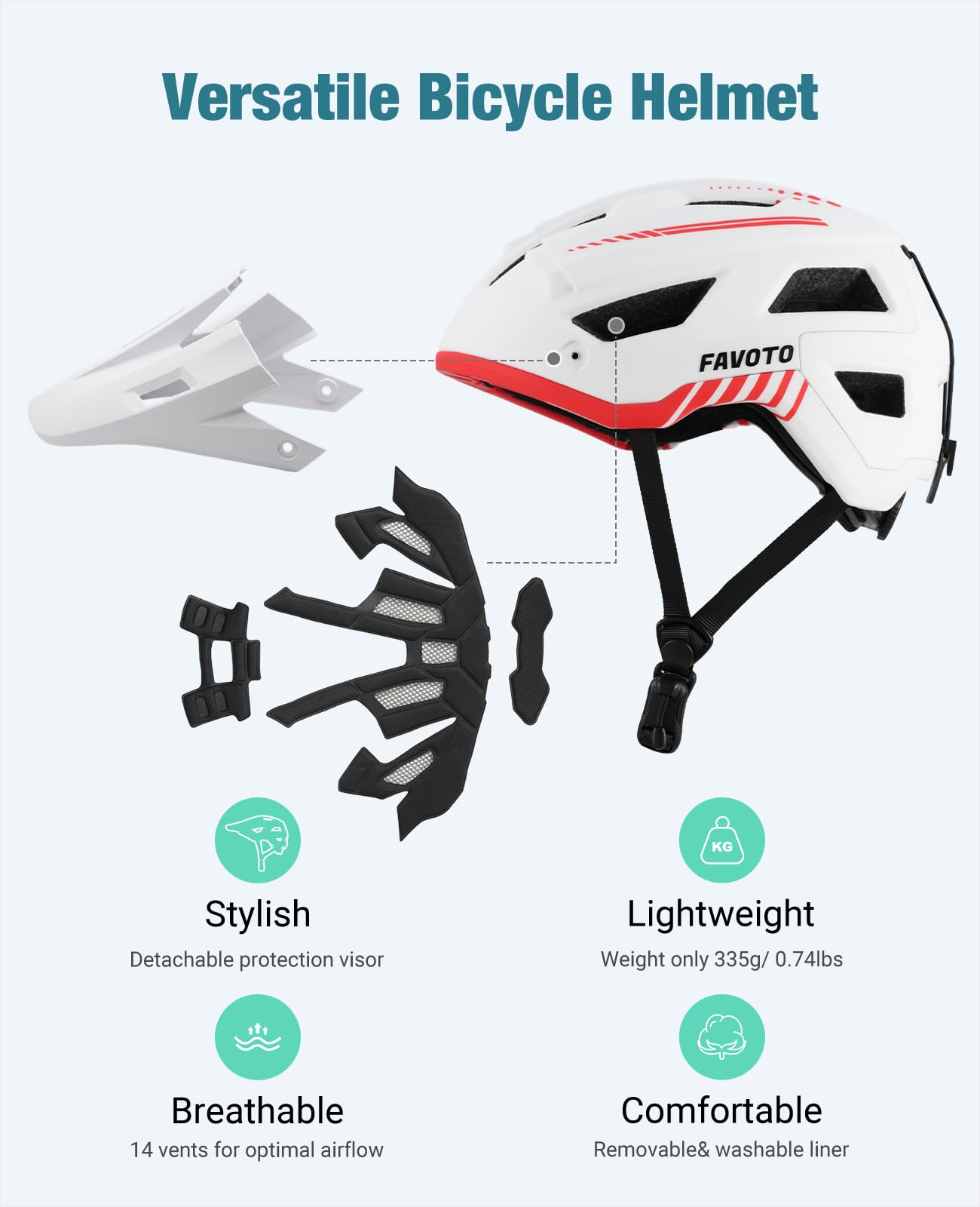 Favoto Kask rowerowy z daszkiem lekki – podwójna technologia Inmould MTB kask dla mężczyzn i kobiet, kask rowerowy L (57-61 cm), biały