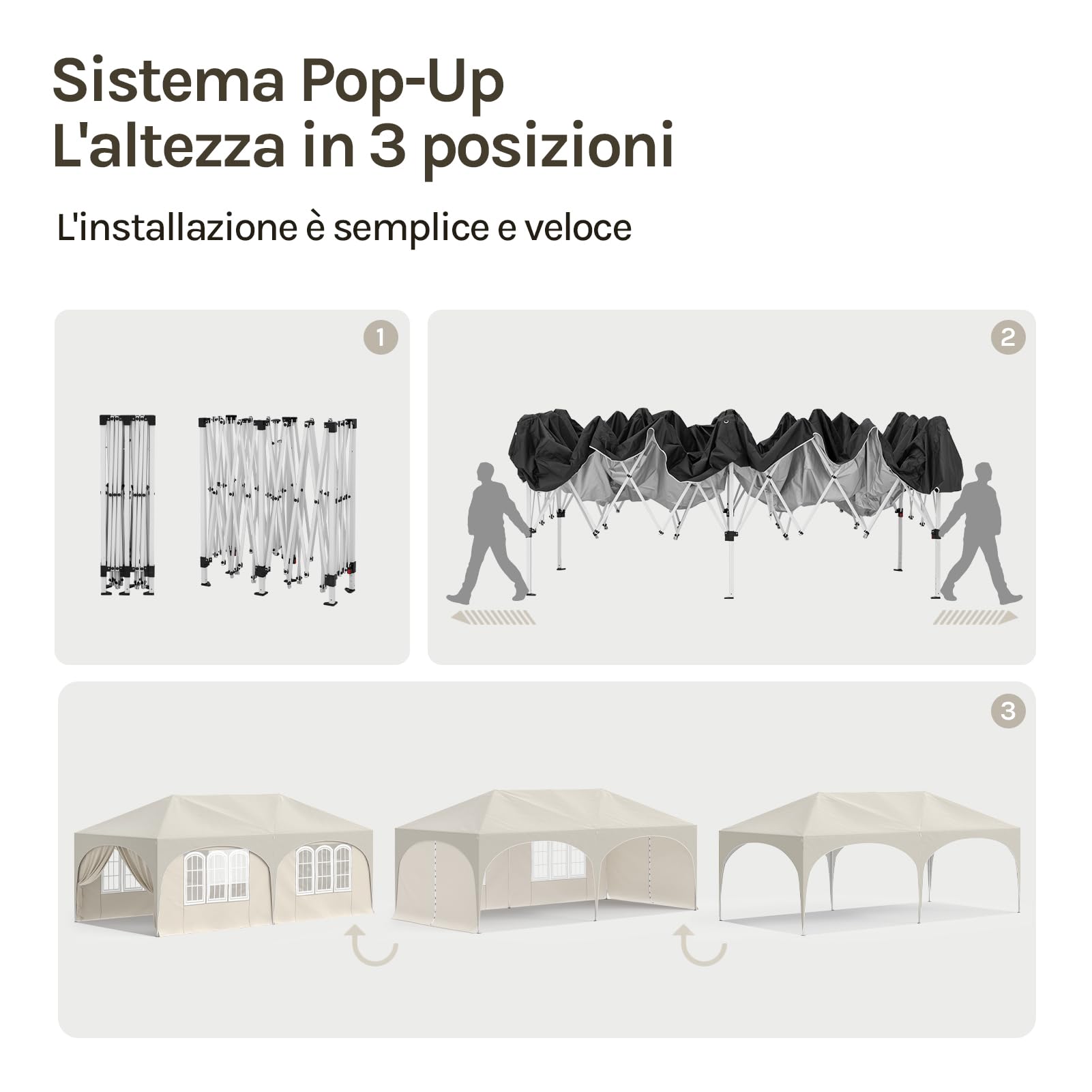 WOLTU Gazebo Pieghevole da Giardino, Gazebo Idrorepellente Pop Up da 3x6m Pannelli Laterali, Tendone Esterno, Altezza Regolabile, Protezione UV, con Custodia Beige