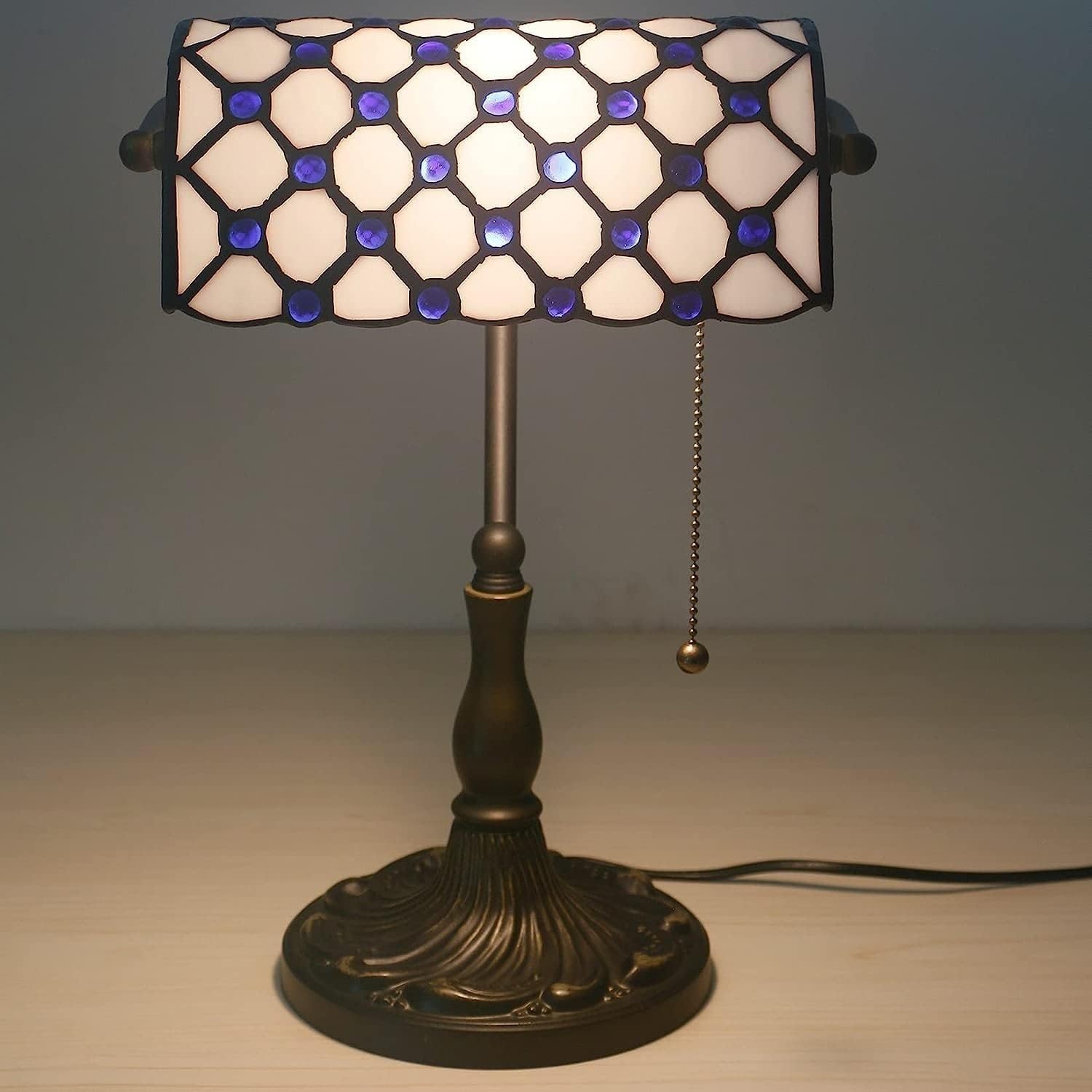 Bankiers Tischlampe, farbige Glaslampe, Kristallperlenschreibtischlampe, Schlafzimmer in der Nacht Leselampe (weiße Blaue Glasperlen Schatten) Innovate