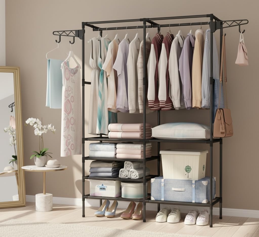Scaffale Appendiabiti con Struttura in Metallo e Ripiani in Stoffa 108x36x170 cm – Armadio Aperto con Barra per Vestiti, Mensole Portaoggetti e Ganci Laterali – Organizer Salvaspazio per Camera