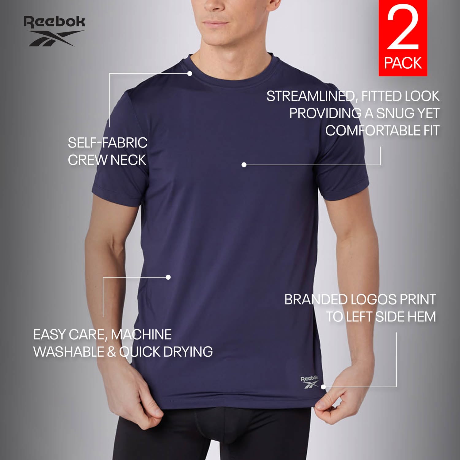 Reebok Clancy Performance męskie koszulki – zestaw 2 sztuk, dopasowane koszulki męskie, opakowanie zbiorcze, odprowadzające wilgoć i lekkie.