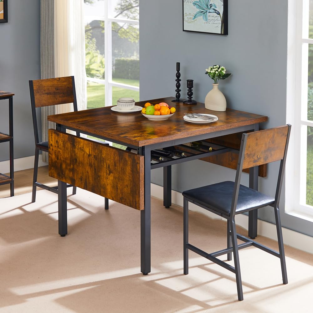 Nevoc Folding Dining Table for 4 People, Square Rustic Kitchen Wood Table with 4 Chairs, Space-Saving, Black & Brown
