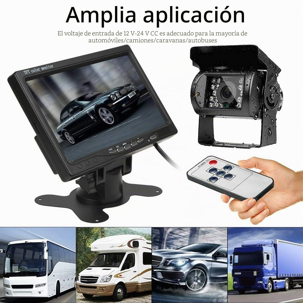 Cámara Trasera para Vehículo con Pantalla TFT LCD HD 7 Pulgadas | 4 Pines, 12-24 V, 18 LED IR, Visión Nocturna, impermeable, Cable de 15 m, Para camiones pesados, remolques