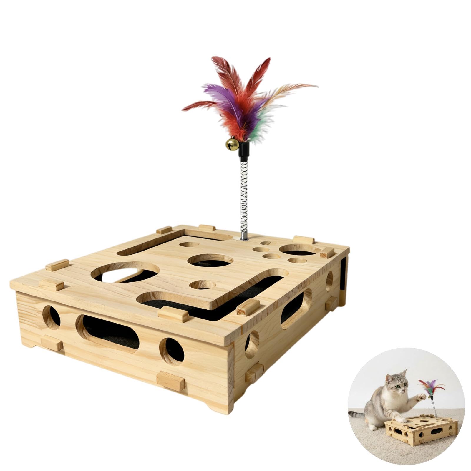 Generisch Holz-Katzen-Spielzeugkiste, mit Federangel und 3 Rasselbällen, Labyrinth-Design Kratz-Puzzle, seitliche Öffnungen, interaktives Spiel, gegen Langeweile, Pfotenmassage, 29,5 x 25 x 7 cm