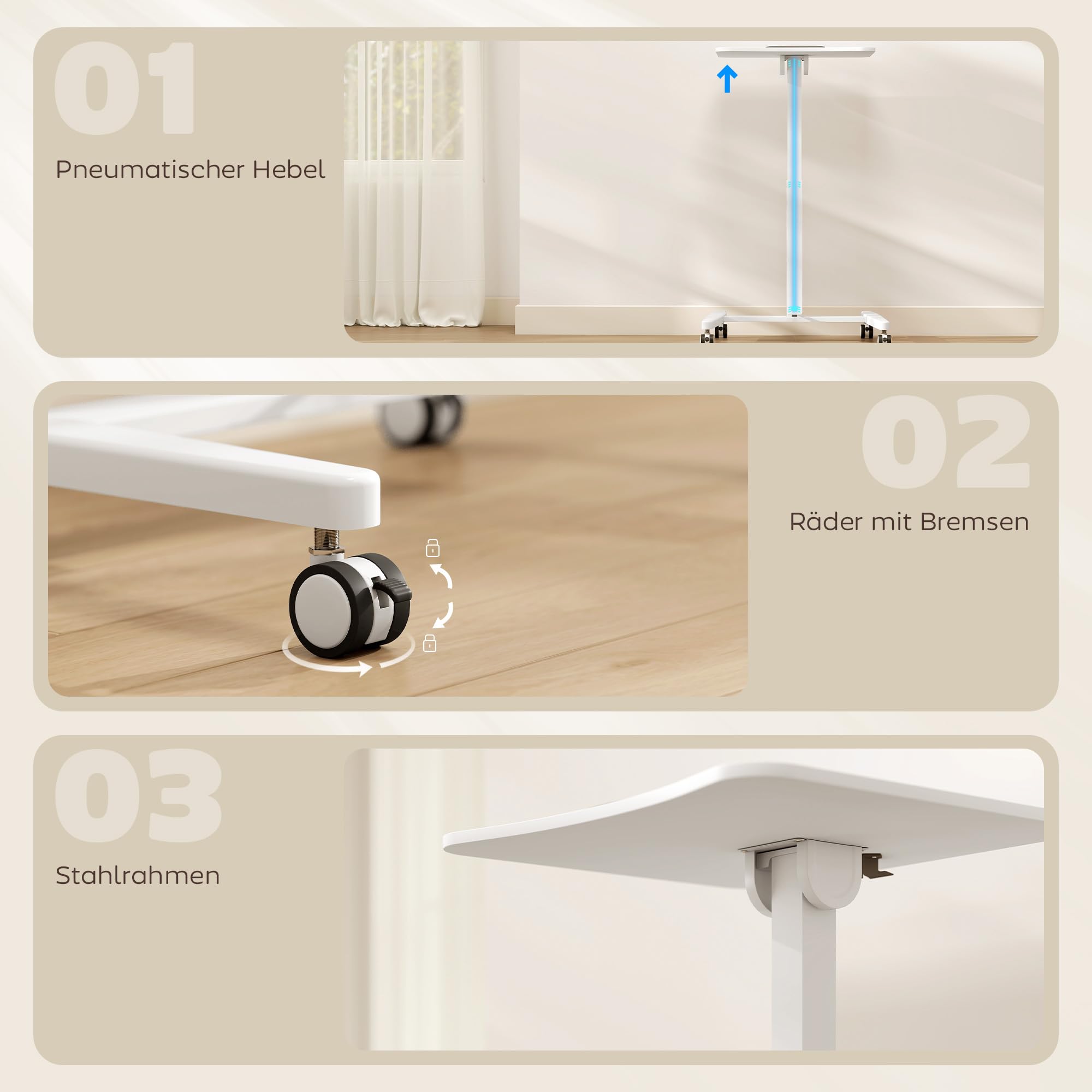 HOMCOM Laptoptisch Höhenverstellbar mit Rollen 60x52cm Tischplatte Weiß | Bestelltisch, Schreibtisch, Neigbarer, Computertisch mit Sicherheitsstopper, Mobiler Stehpult Pneumatisch, für Büro, Sofa