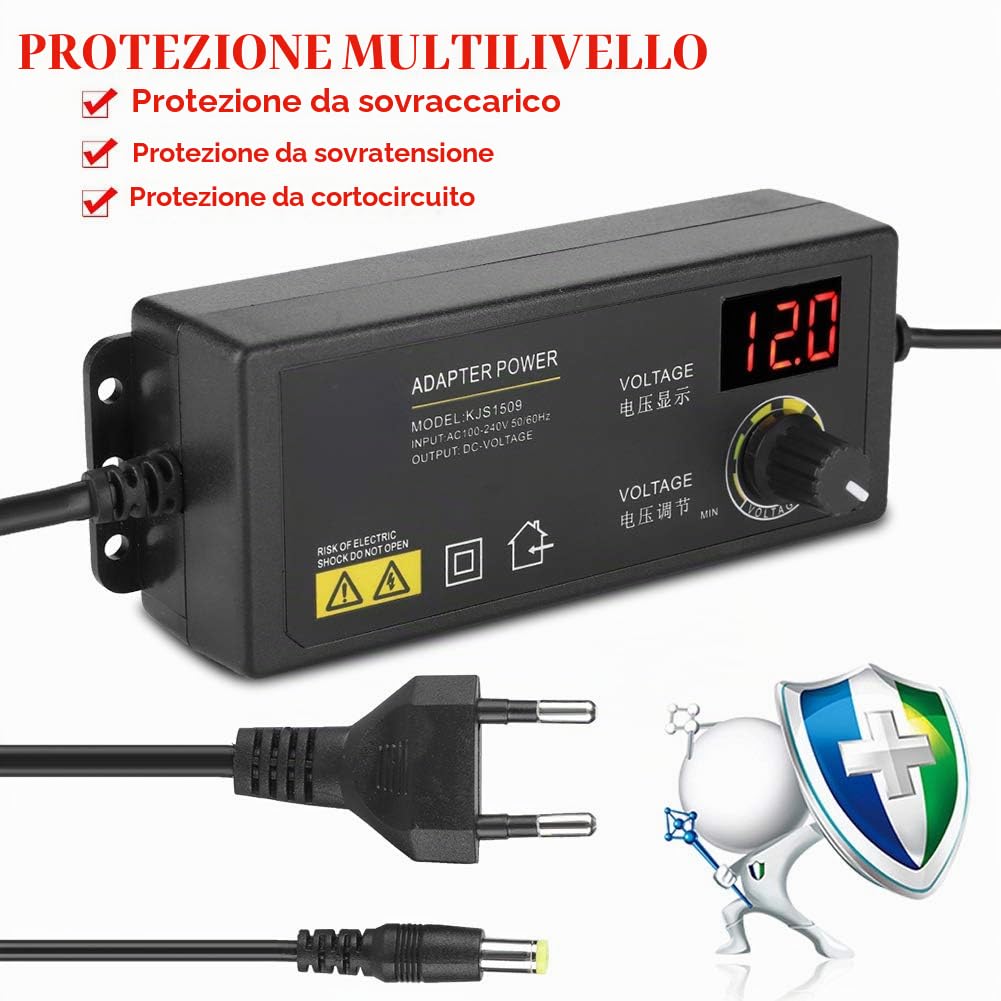 Akozon Adattatore di Alimentazione Regolabile 60W - Alimentatore Universale 3-12V con Display LED