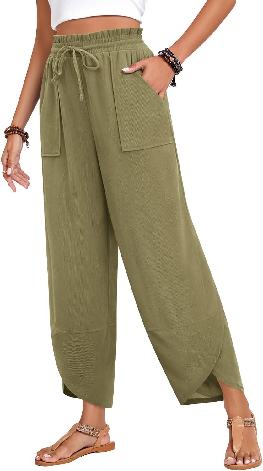 Anyhold Womens Baggy High Waisted Wide Leg Lounge Pants Drawstring Casual Palazzo Pants Trousers with Pockets