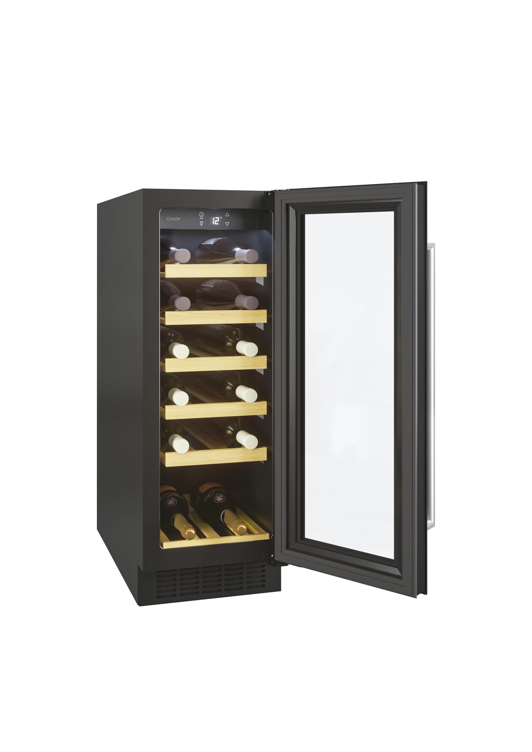 CANDY DiVino Cantinetta Vino da Incasso, 20 Bottiglie, 1 Zona, con Vetro Anti-UV e Filtro ai Carboni Attivi, 6 Ripiani in Legno, Luce LED Interna, Classe F, 29,5 x 57,5 x 81,3 cm, Nera - CCVB 30/1