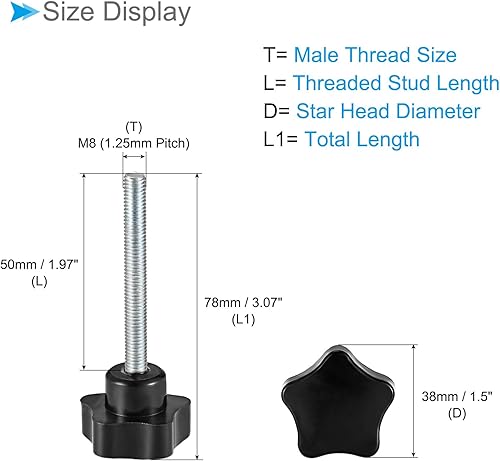 Miniatura 43 de Perillas de sujeción de estrella, rosca macho M6 x 1.969 in, cabeza de 1.260 in, mango de tornillo de pulgar de plástico, perno roscado negro