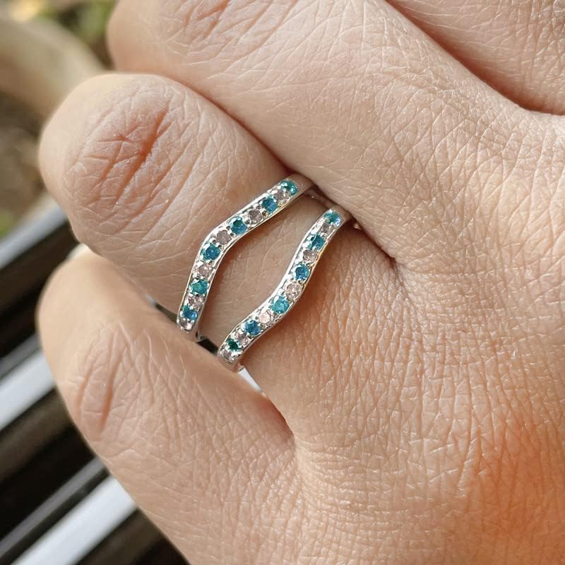 Round Cut Blue Topaz & White Diamond Enhancer Guard Wedding Band For Women, 14k Gold Finish Wrap Ring, ladise Topaz & Diamond Contour Curve Matching Wedding Band