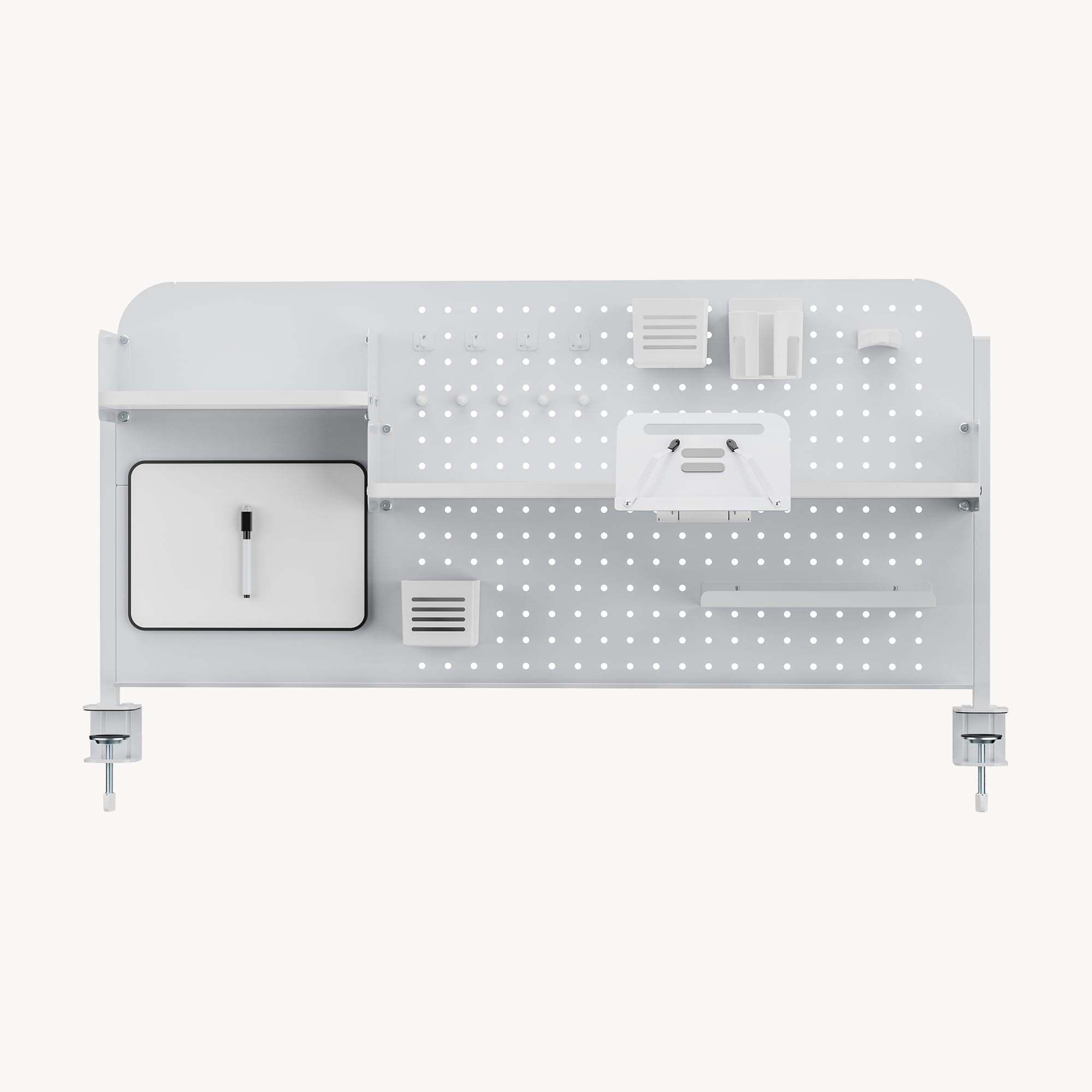[en.casa] Organizzatore da Scrivania con Morsetti Pannello Forato Organizer Pegboard per Cameretta Studio 3 Ripiani Supporto Tablet Cuffie Porta Bicchieri Penne Lavagna Ganci 114x68 cm - Bianco
