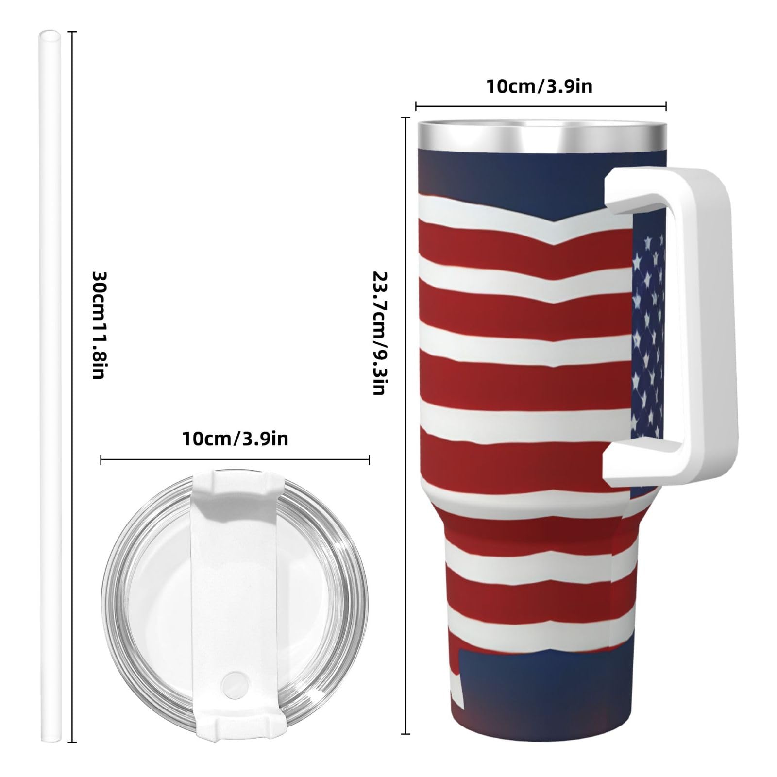 Trinkflasche mit amerikanischer Flagge, Baseball, Edelstahl, doppelwandig, isoliert, mit Griff und Strohhalm-Deckel, 1,2 l