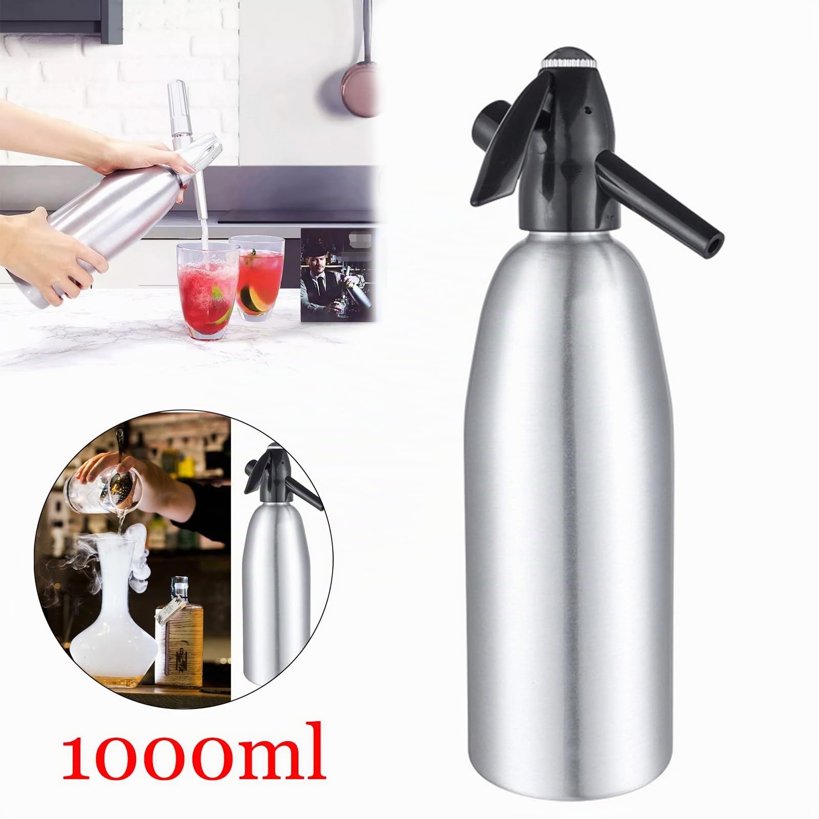 Sifón portátil de refresco de aluminio para el hogar, 1 litro, para hacer agua carbonatada, kit nostálgico de agua con gas para refrescar seltzer, cócteles, jugos y bebidas gaseosas (plata)