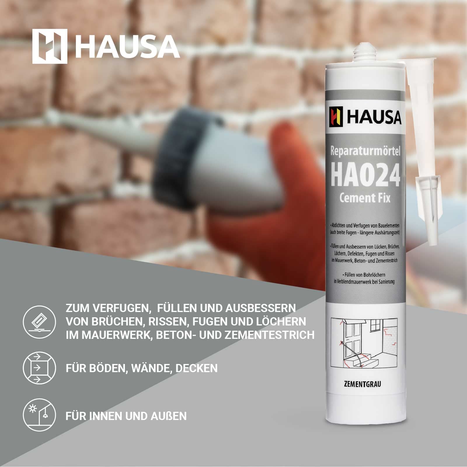 HAUSA Malta di riparazione Cement Fix HA024, 5 x 310 ml, grigio cemento, pronto all'uso per stuccatura, riempimento di fughe, rotture, cemento espresso per interni ed esterni, sigillante