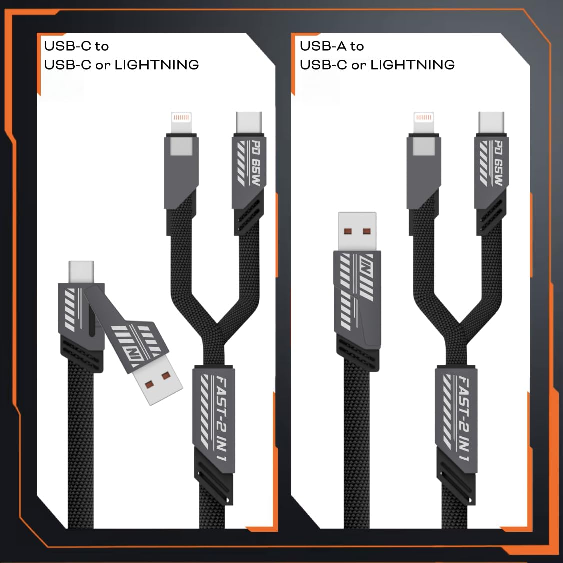 Ankus Uniwersalny kabel do ładowania 4 w 1, USB-C i Lightning, szybkie ładowanie 65 W, 1,2 m z zapięciem na rzep, kompatybilny z iPhone'em, Samsungiem i innymi, szary