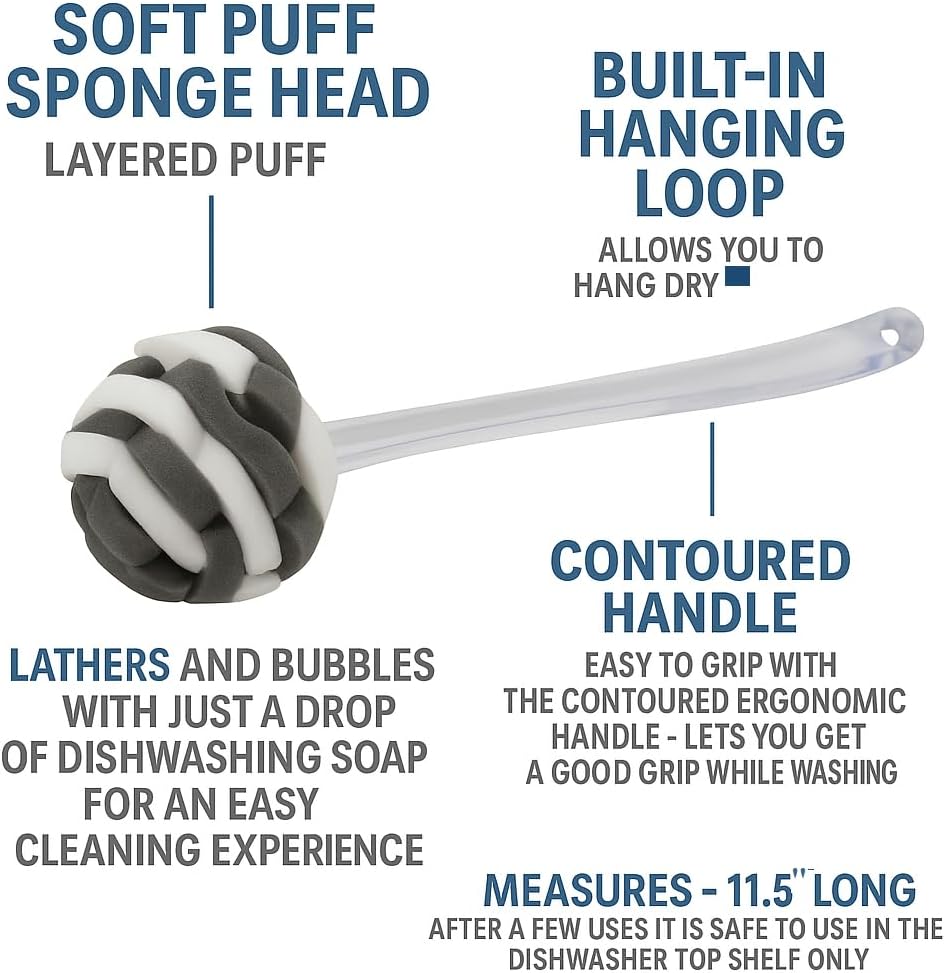 Glass Sponge Dish Brush with Handle – 11.5" Puff Head Kitchen Cleaning Brush for Glasses, Bottles, Dishes & Vases – Soft Layered Sponge with Ergonomic Clear Handle image 2