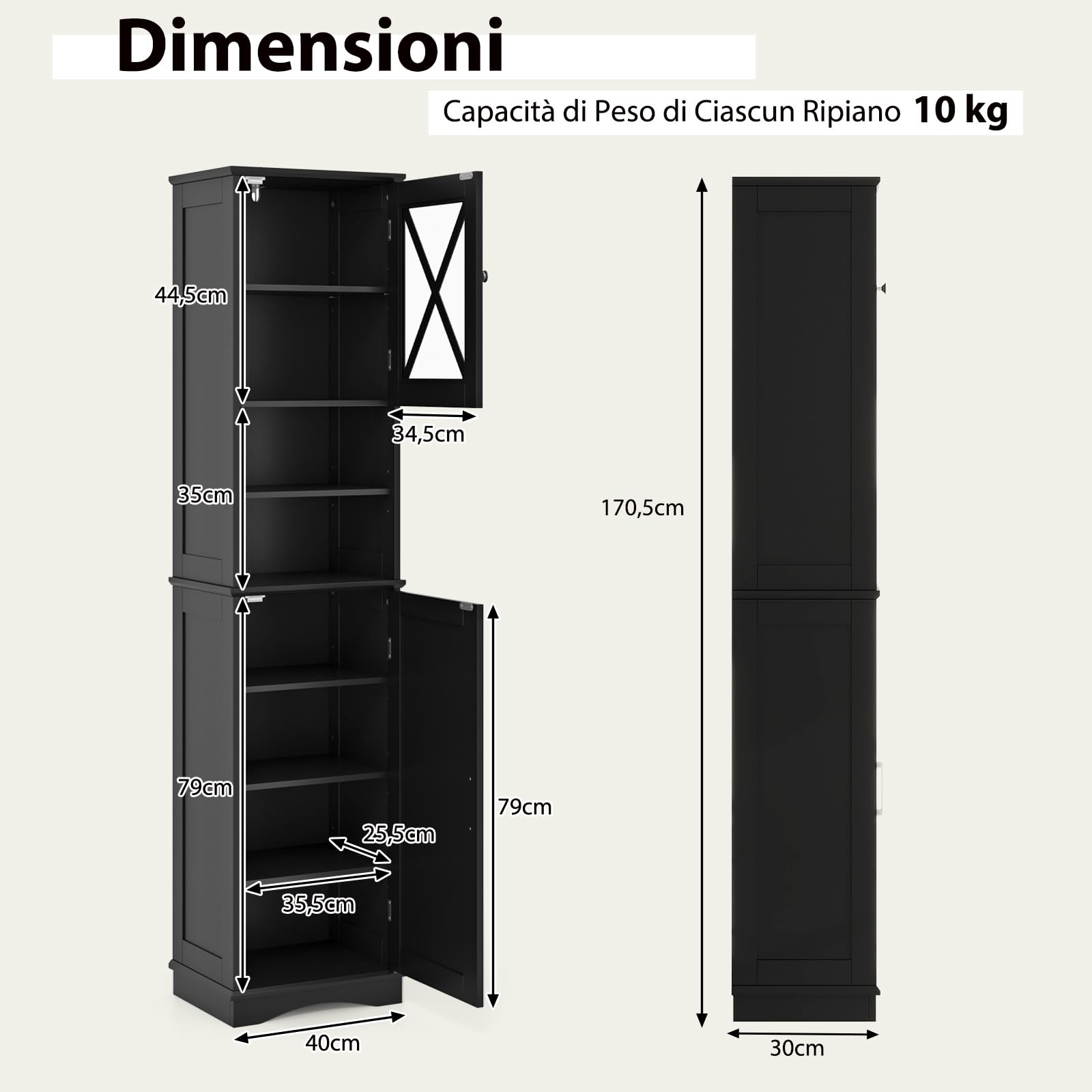 COSTWAY Mobile Bagno 40 x 30 x 170,5cm, Armadietto a Colonna Stretto e Alto con 5 Ripiani Regolabili e 2 Porte, Armadio da Terra in Legno per Soggiorno, Camera da Letto, Salotto e Cucina (Nero)