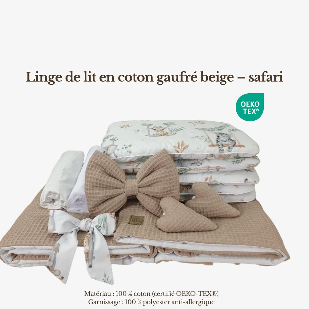 Wiklinopol Couffin Bébé avec Ciel de Lit – Berceau à roulettes en Osier avec Support – Ensemble Complet en Naturel avec 5 Pièces de Linge Nid d’Abeille Motif Safari Beige