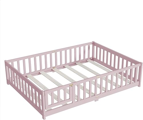 Miniatura 143 de Harper & Bright Designs Cama de suelo tamaño Queen con valla y puerta, marco de cama Montessori de madera para niños, niñas, listones incluidos, no