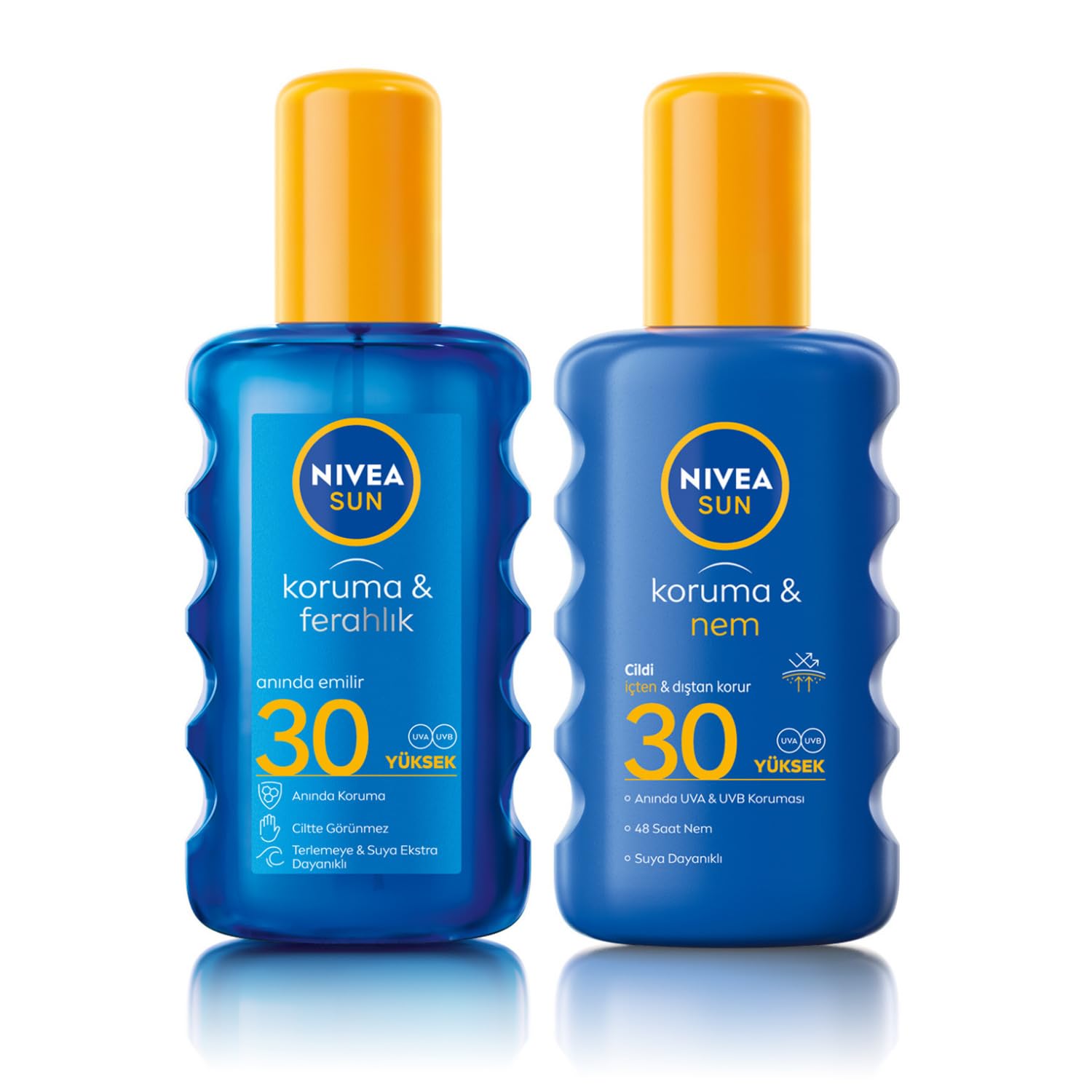 NIVEA Sun SPF 30 Koruma & Ferahlık Transparan, Suya Dayanıklı, Güneş Spreyi (200 ml) ve NIVEA Sun SPF 30 Koruma & Nem Güneş Spreyi, Suya Dayanıklı Nemlendirici Güneş Kremi (200 ml)