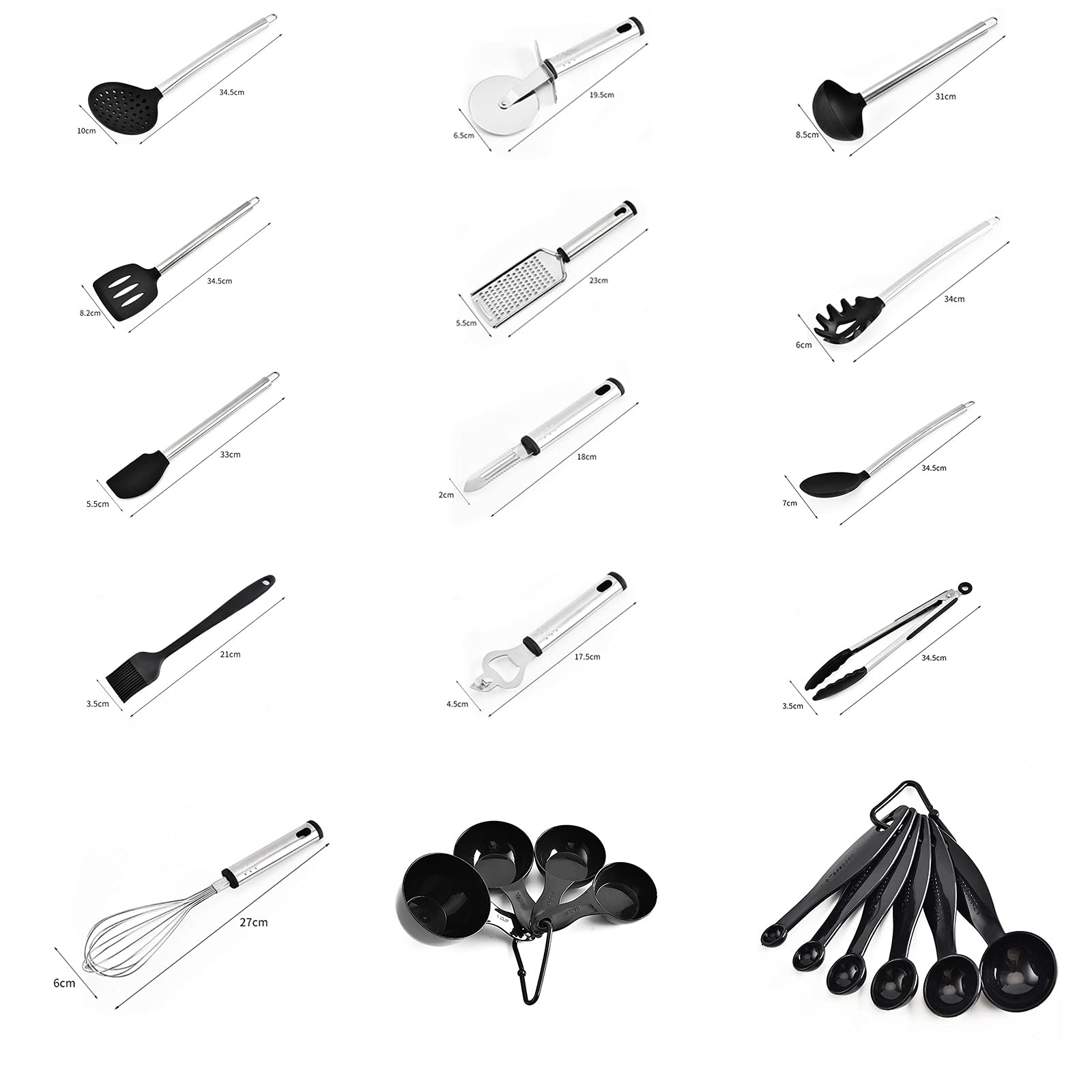 Küchenhelfer aus Silikon, schwarz, antihaftbeschichtet, Küchenspatel, Pfannenwender, Zubehör, hitzebeständige Sets von Edelstahlgriff, Cookware