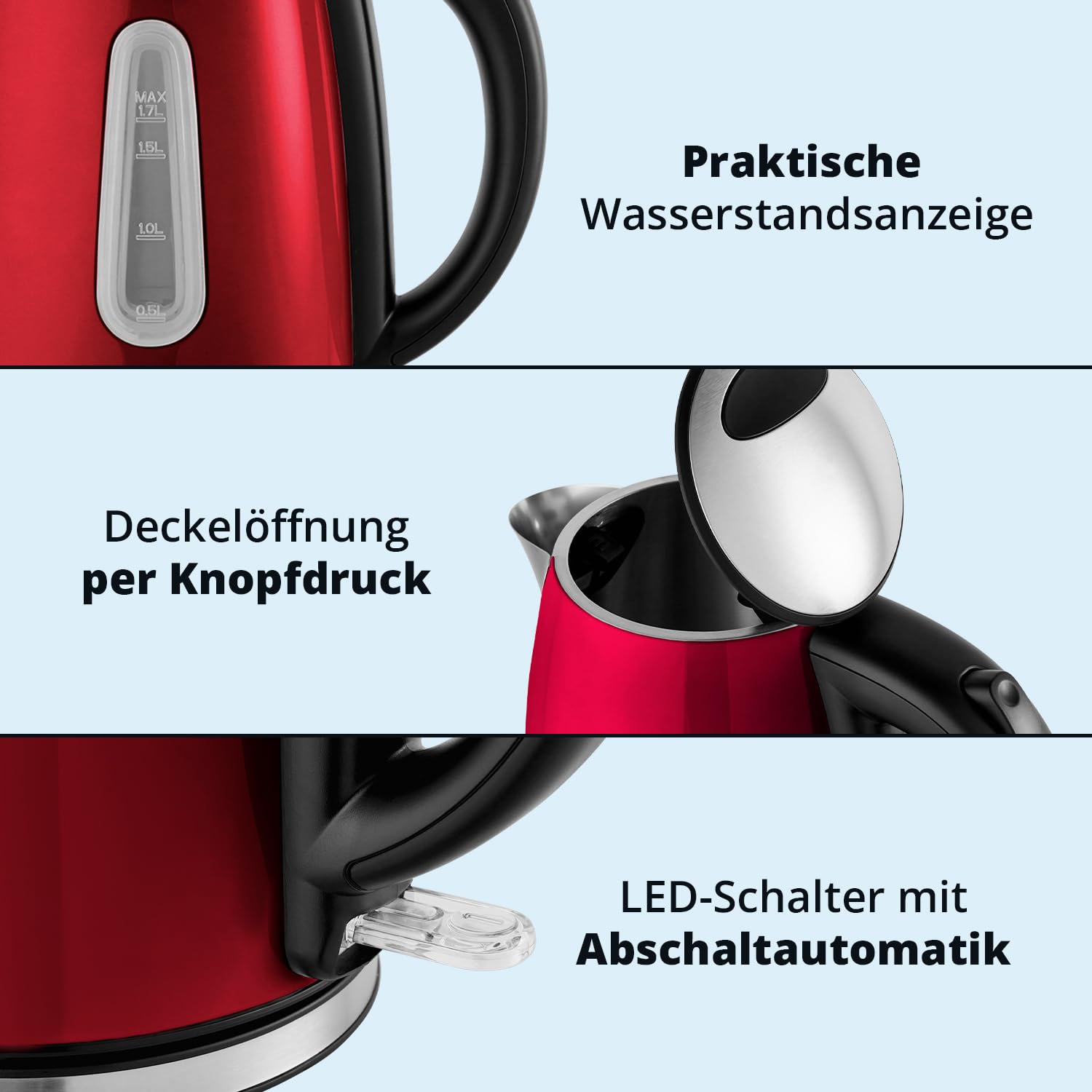 KHG Frühstücksset Wasserkocher Toaster Rot Edelstahl Metallic Chrom 1,7l 2 Toastscheiben