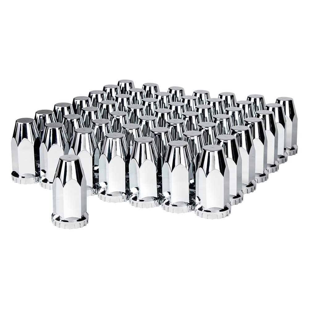 United Pacific 10572CB Wheel Lug Nut Cover Set, 33mm x 4", Chrome, Plastic, Extra Tall, with Flange, Thread-On
