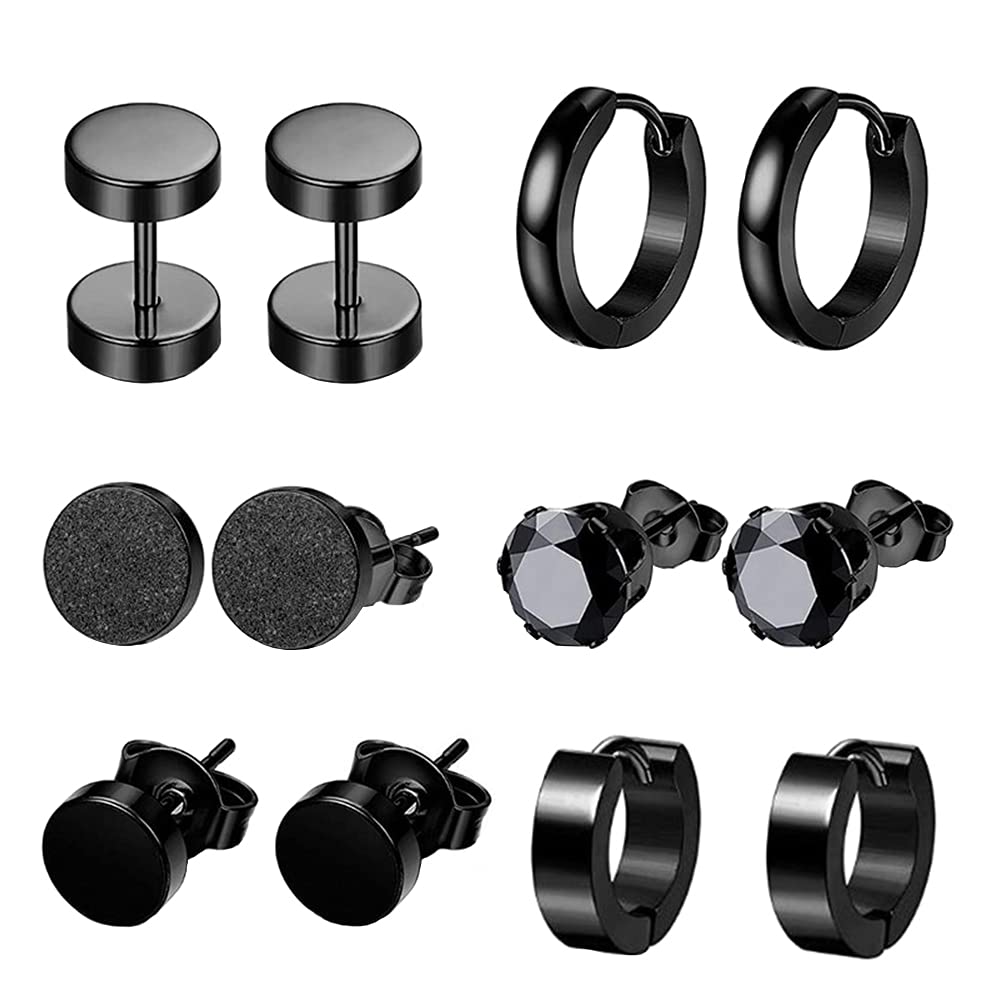 6 Pairs Stainless Steel Ear studs, Cubic Zirconia Stud Earrings Black, Black Round Earrings, Black Cool Ear Studs, Hypoallergenic Hoop Piercings, Personalized Ear Studs Gifts for Men and Women