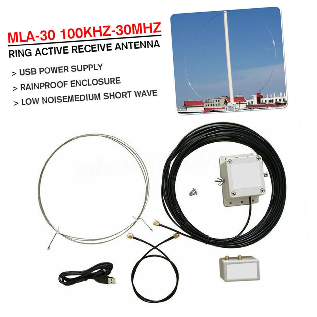 SHINEOFI Antenne Active De Réception Boucle Acier Inoxydable pour Ondes Moyennes Et Courtes avec Alimentation USB Suppression du Bruit Et Installation Facile sur Balcon Ou Toit