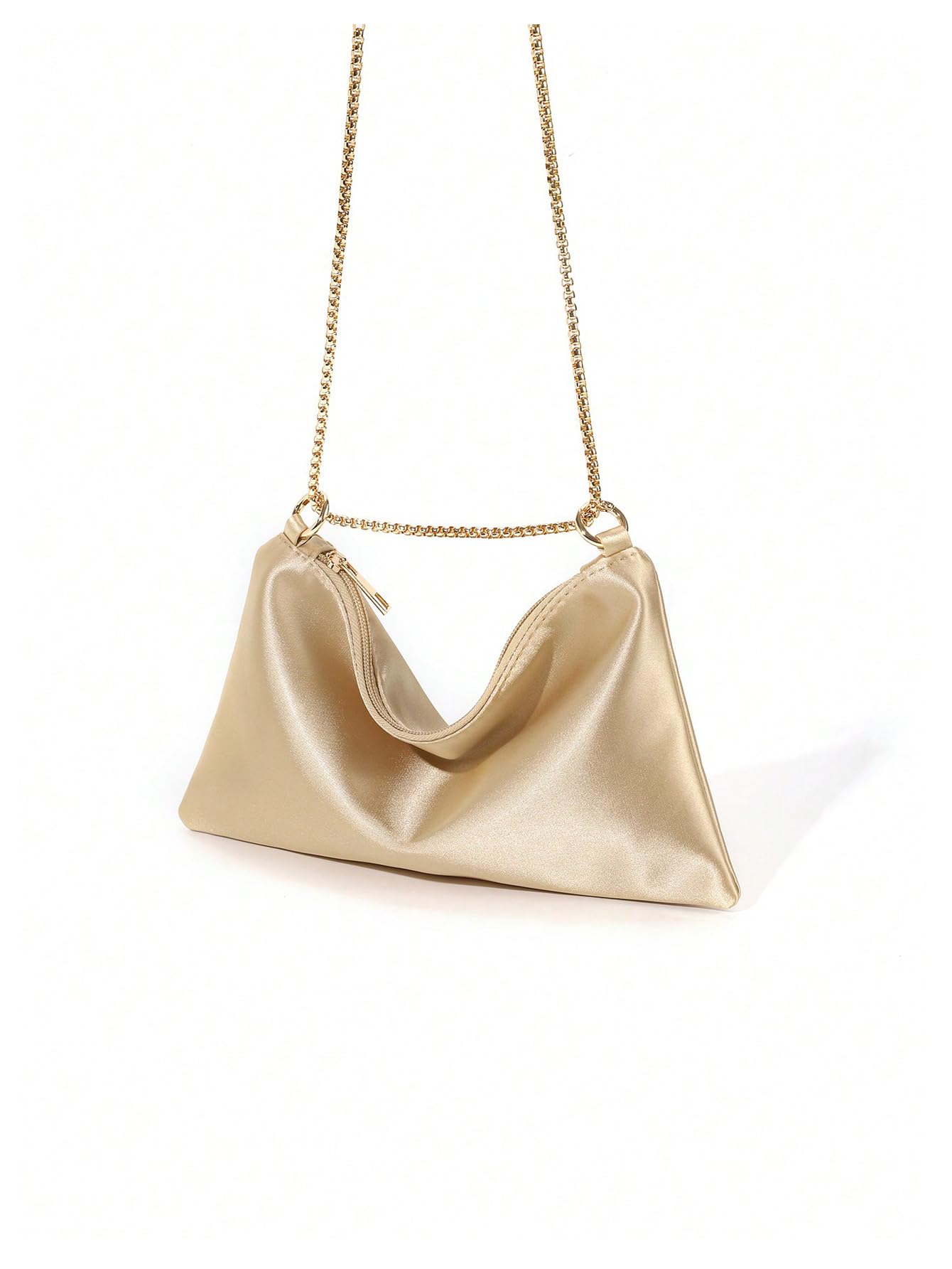 OYOANGLE Women's Metallic Chain Shoulder Bag Satin Evening Purse Tote Bags Zipper Formal Clutch Handbags Gold One-Size