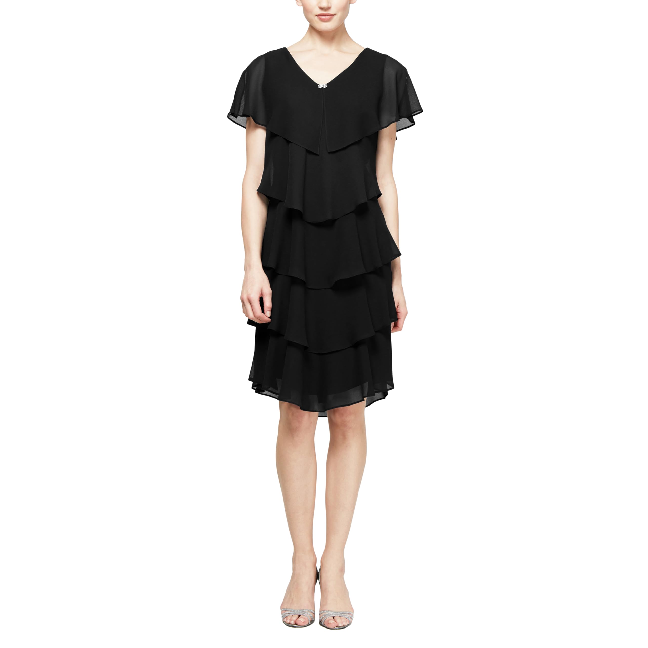 S.L. Fashions Women's Short Sleeve Tiered Chiffon Cocktail Dress, Wedding Guest Gown (Petite and Regular Sizes) Special Occasion, Black, 14