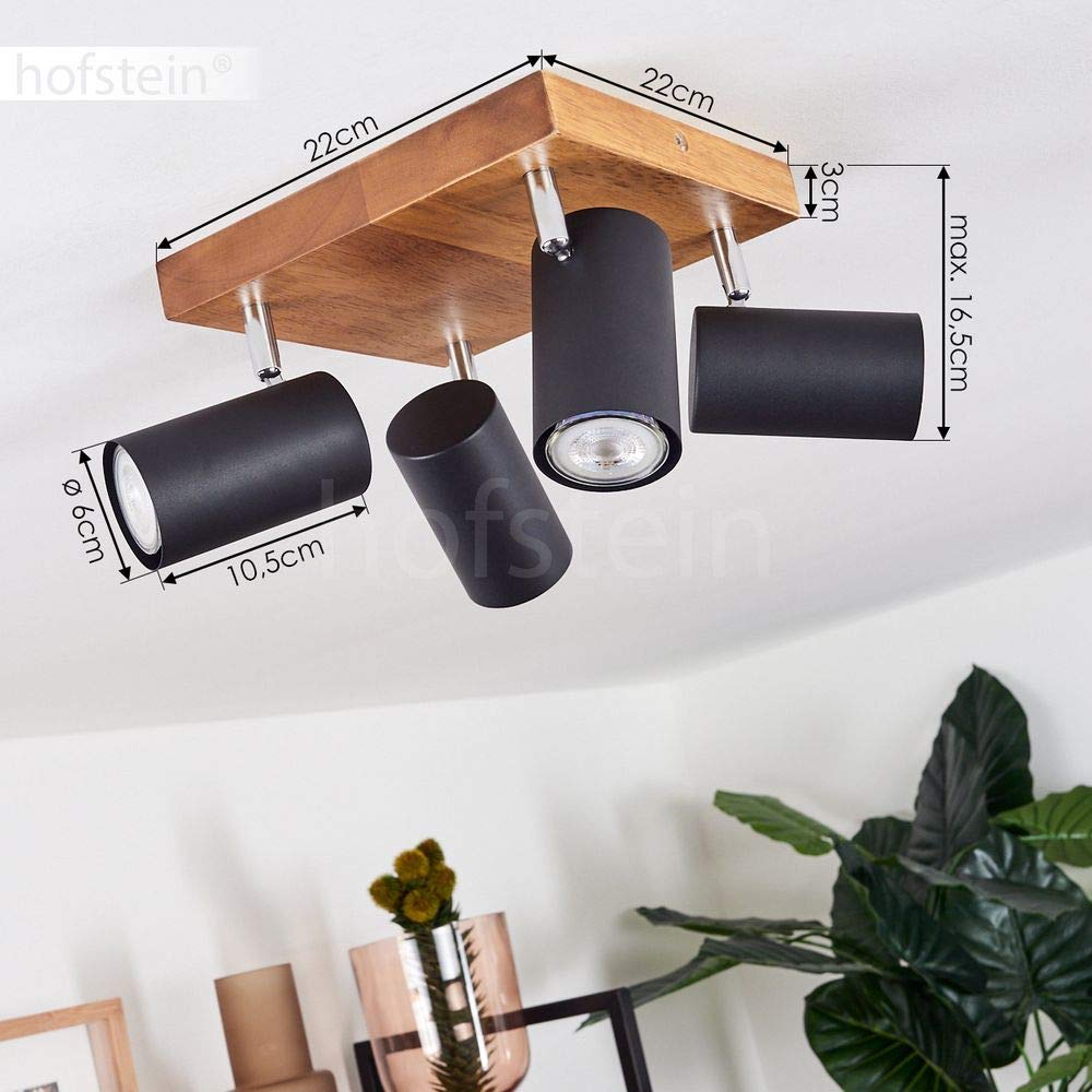 Plafonnier Zuoz en bois & métal noir, spots de plafond rotatifs de style moderne, luminaire idéal dans un salon contemporain, pour 4 ampoules GU10, ampoule(s) non incluse(s)