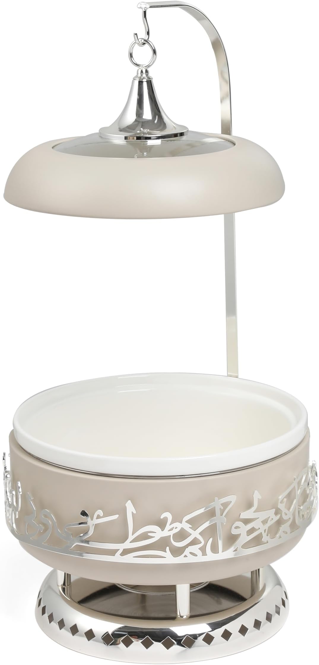 Jiwar Chafer with Porcelain Bowl, Stainless Steel Base, Water Bowl for Even Heat, Glass Lid with Hanger, Powered Buffet Warmer for Catering (Beige & Silver, 6 Liters)