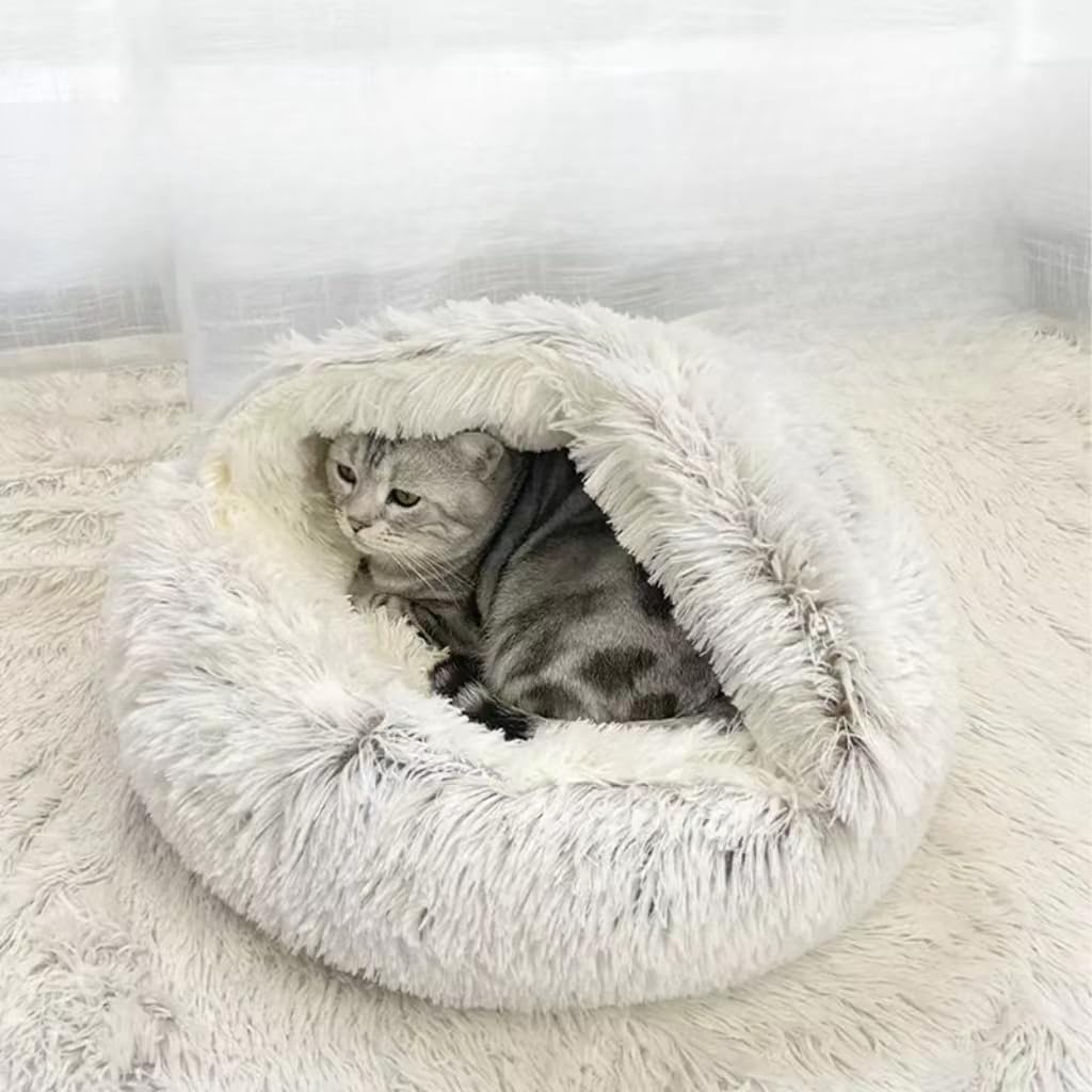 Cat Bed Round Fluffy Hooded Cat Bed Cave, Anti-Anxiety Cave Bed with Hooded Blanket, Cozy Cuddler Luxury Puppy Pet Bed, Anti-Slip Bottom and Machine Washable