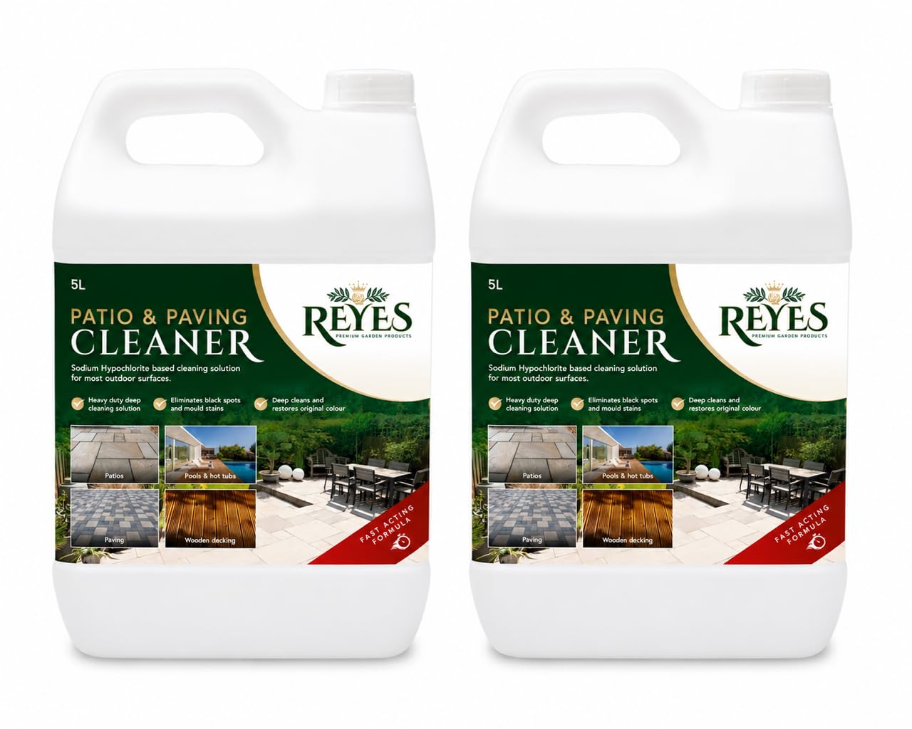 Reyes Sodium Hypochlorite Patio Cleaner, 10 Litres (2x5L), Liquid, 9.9% Concentration, Multi-Purpose Outdoor Surface Cleaner and Black Spot Remover