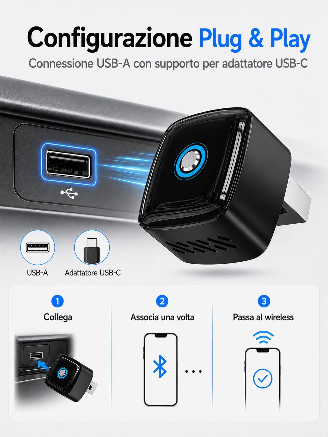 Adattatore Wireless CarPlay e Android Auto 2 in 1, Dongle Nero Ultra Mini con Pulsante Interruttore per 2 Dispositivi, WiFi 5,8 GHz, Plug & Play, USB-A/USB-C, OTA per Auto con CarPlay/Android Auto
