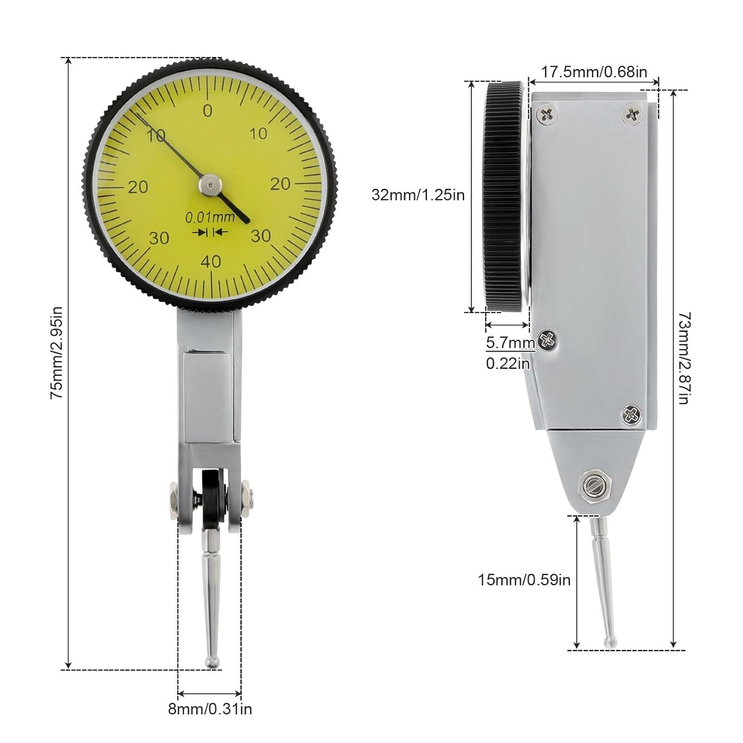 Indicatore di Prova Con Quadrante 0-0,8 mm, Indicatore di Prova Con Quadrante A Leva Con Guide A Coda di Rondine Ad Alta Precisione 0,01 mm, Calibro per Fori, per Lavorazioni Meccaniche E Ispezioni