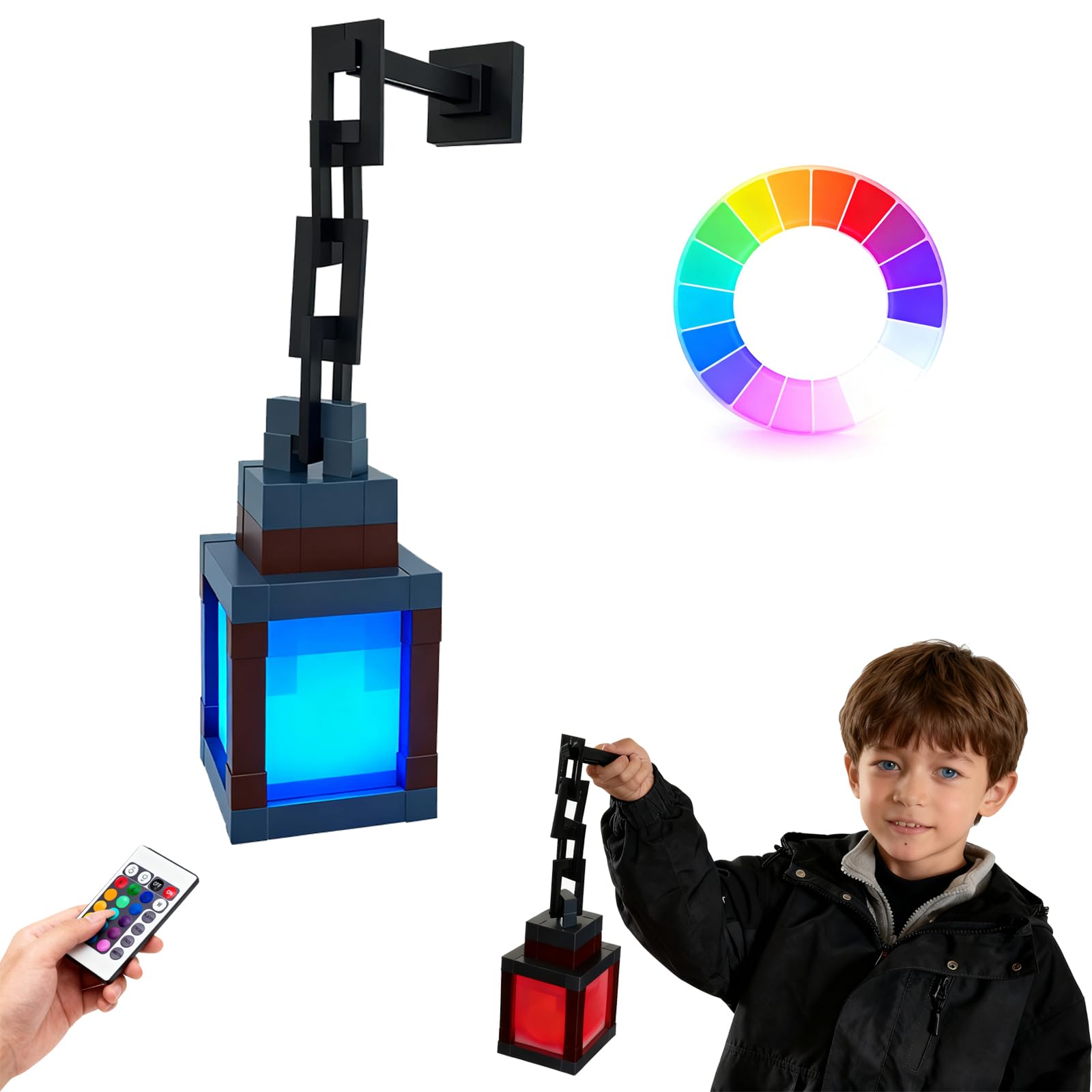2-in-1 Hangable Handheld Carry Modes LED Pixelated Night Light Lantern 16-Color Mood Lamp with Remote Control Touch Switch