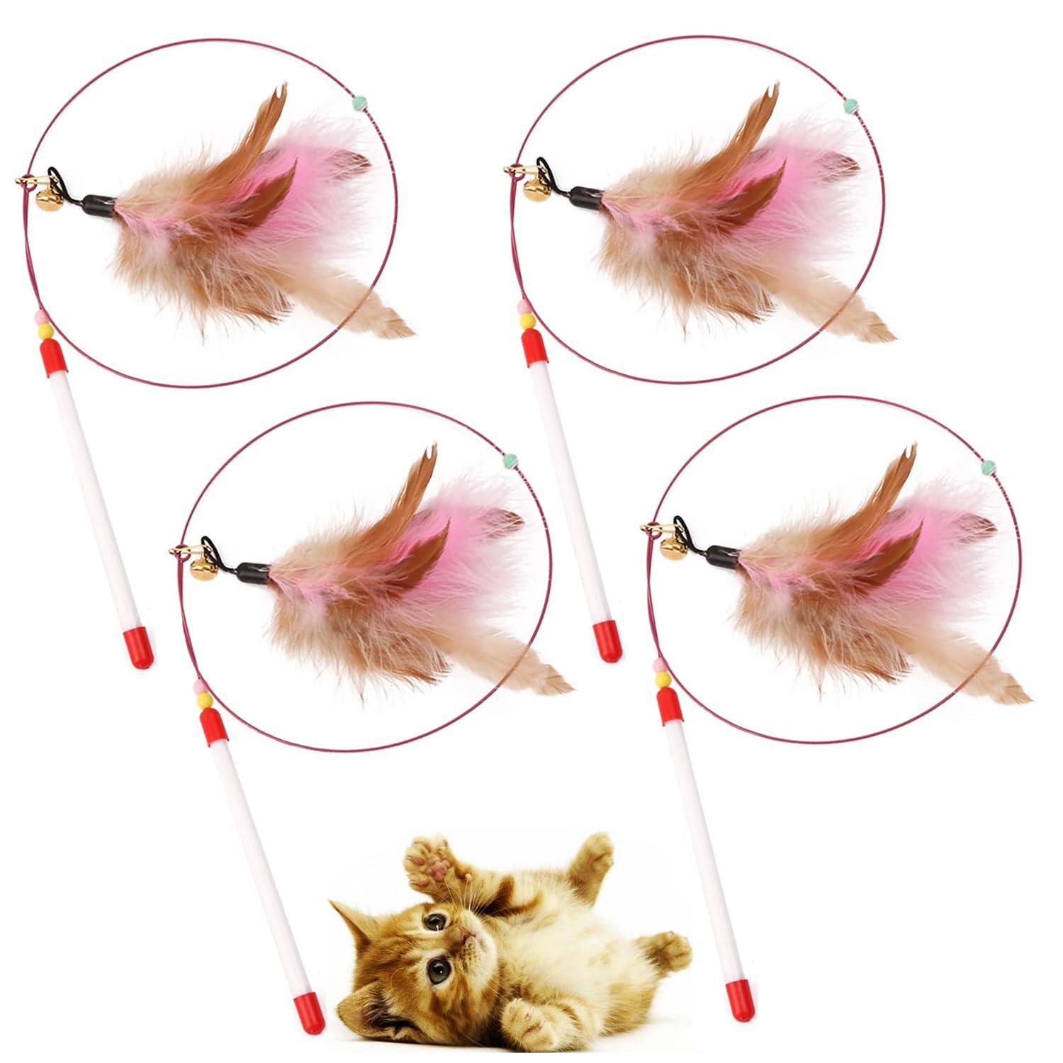 ZKFSIE 4PCS Interactive Feather Wand Toy Set with Bells & Colourful Feathers - Durable Cat Teaser for Indoor Play, Exercise & Bonding, Ideal for Kittens & Adult Cats