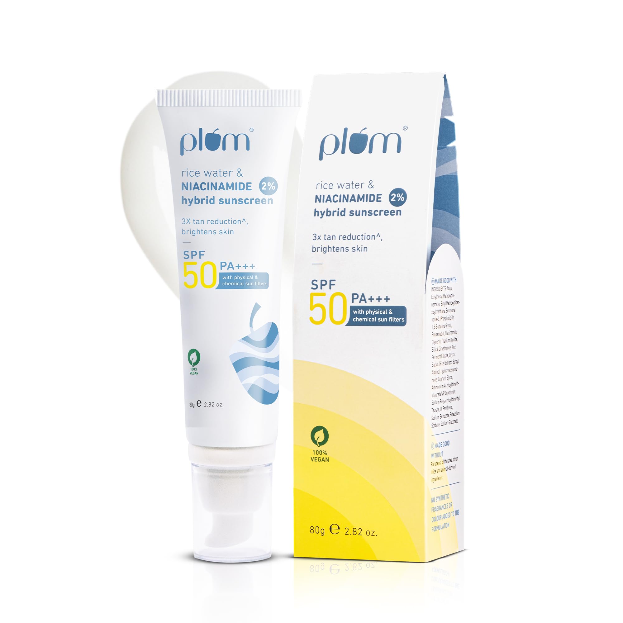 Plum 2% Niacinamide & Rice Water Sunscreen SPF 50 PA+++ | for Oily, Dry & Combination Skin | UVA/UVB Protection | Reduces Tan & Brightens Skin | No White Cast & Non-Sticky | for Women & Men | 80g