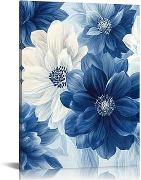 Creowell Flowers Blue and White Canvas Wall Art Prints, Framed Botanical Wall Decor for Living Room Bedroom Bathroom Office, Ready to Hang 12x16 16x20 Inches 16x20in
